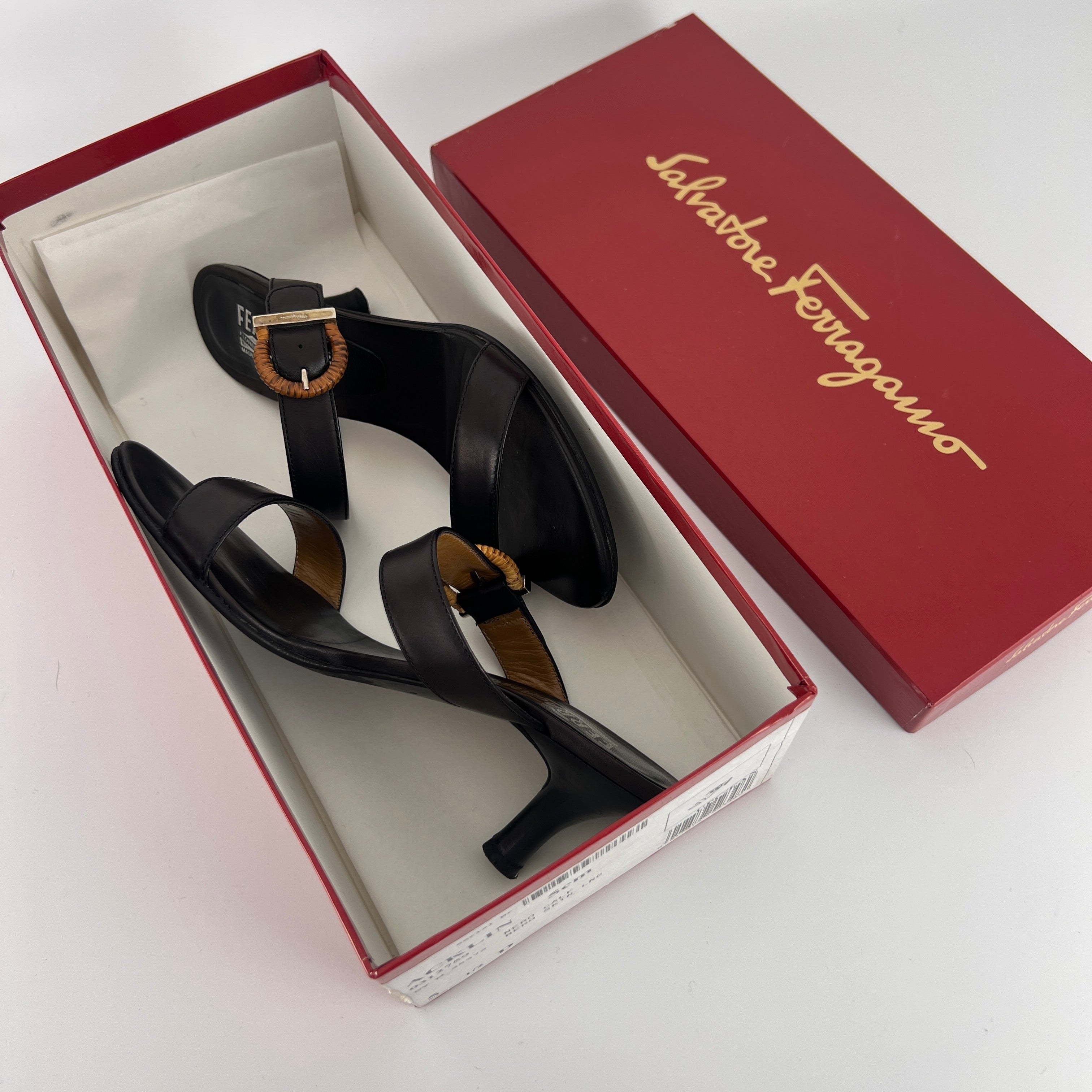 Ferragamo | Acklin Black Leather Wood Logo Buckle Sandal Slide Heels (35.5)