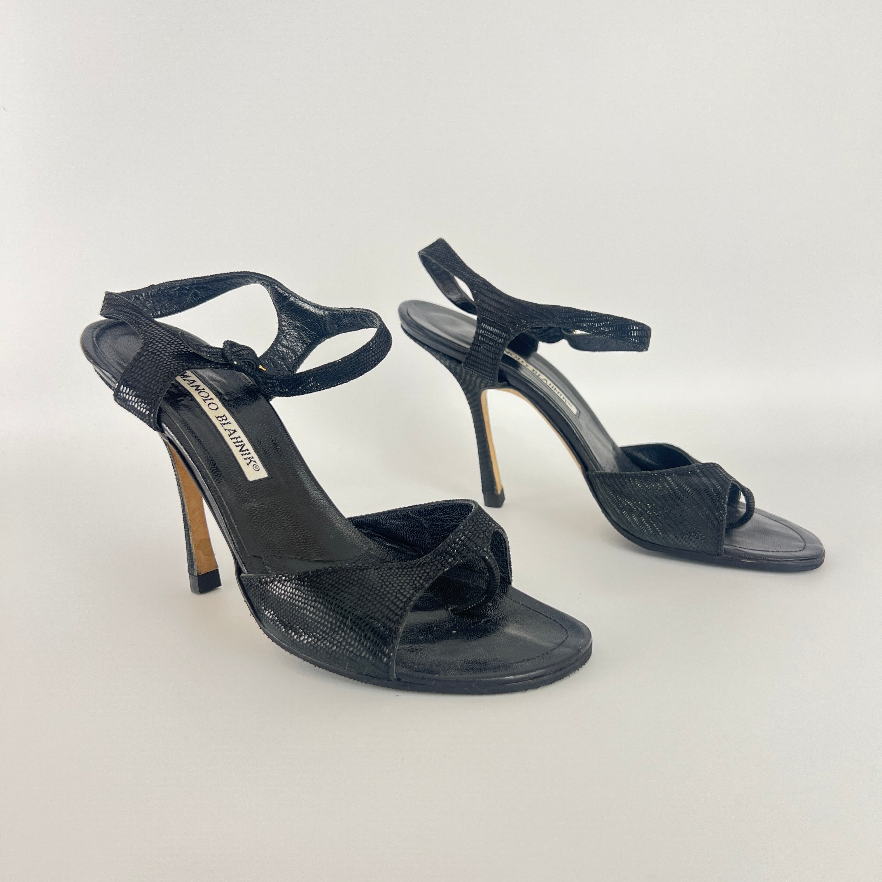 Manolo Blahnik | Vintage Black Shimmer Exotic Embossed Leather Thong Heels (37.5)