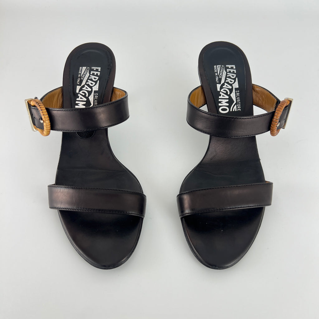 Ferragamo | Acklin Black Leather Wood Logo Buckle Sandal Slide Heels (35.5)