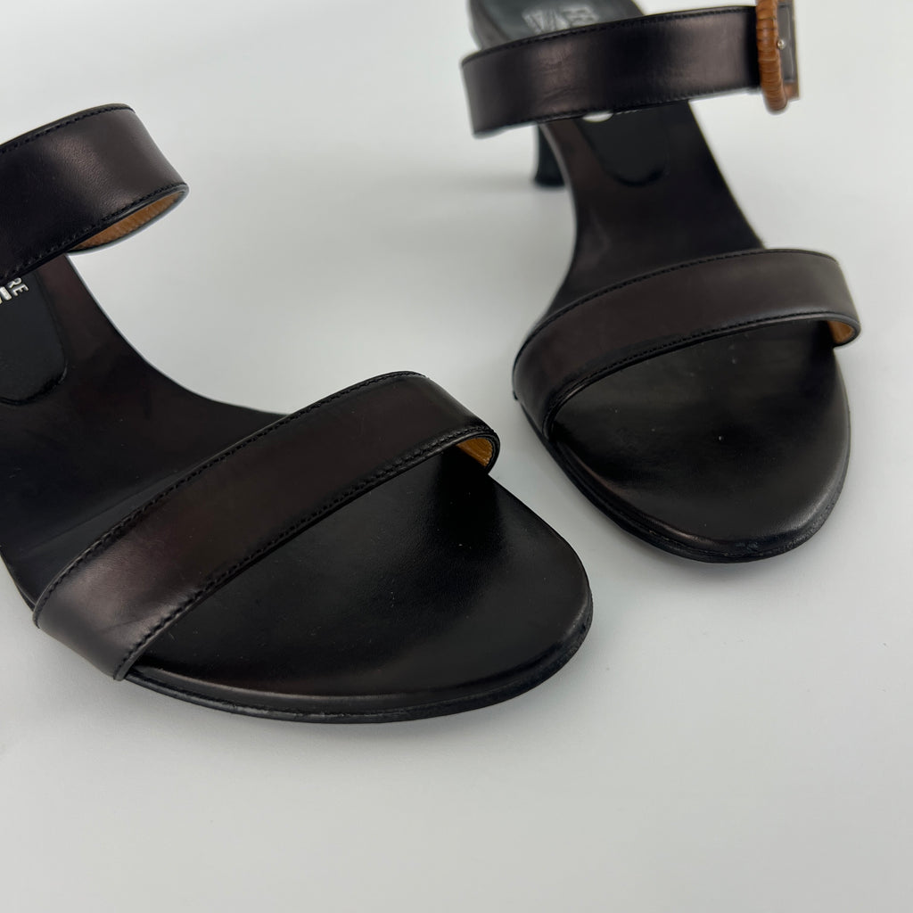 Ferragamo | Acklin Black Leather Wood Logo Buckle Sandal Slide Heels (35.5)