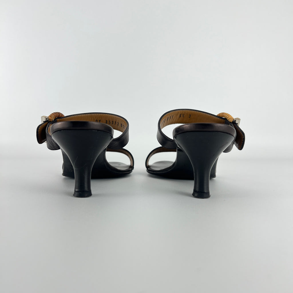 Ferragamo | Acklin Black Leather Wood Logo Buckle Sandal Slide Heels (35.5)
