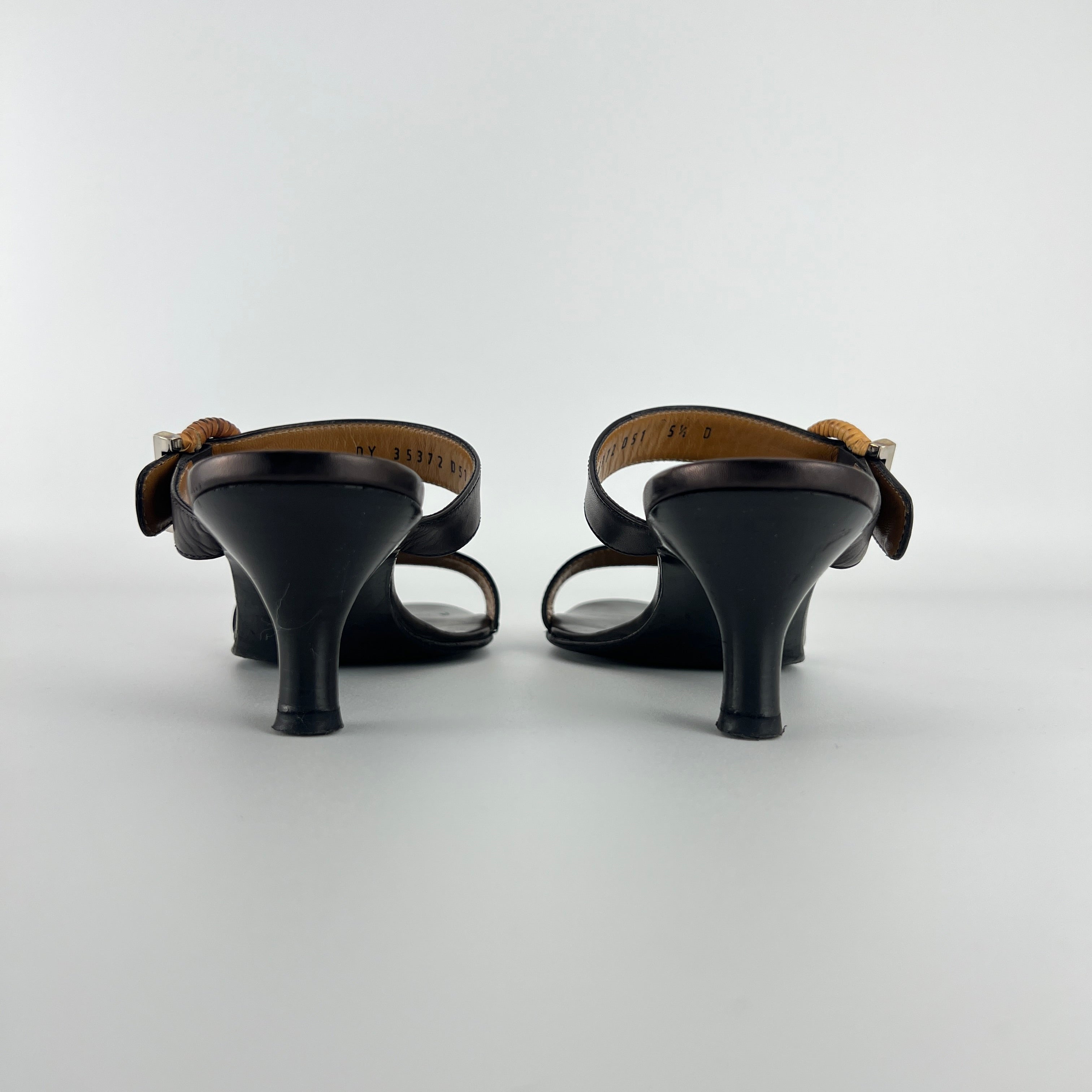 Ferragamo | Acklin Black Leather Wood Logo Buckle Sandal Slide Heels (35.5)