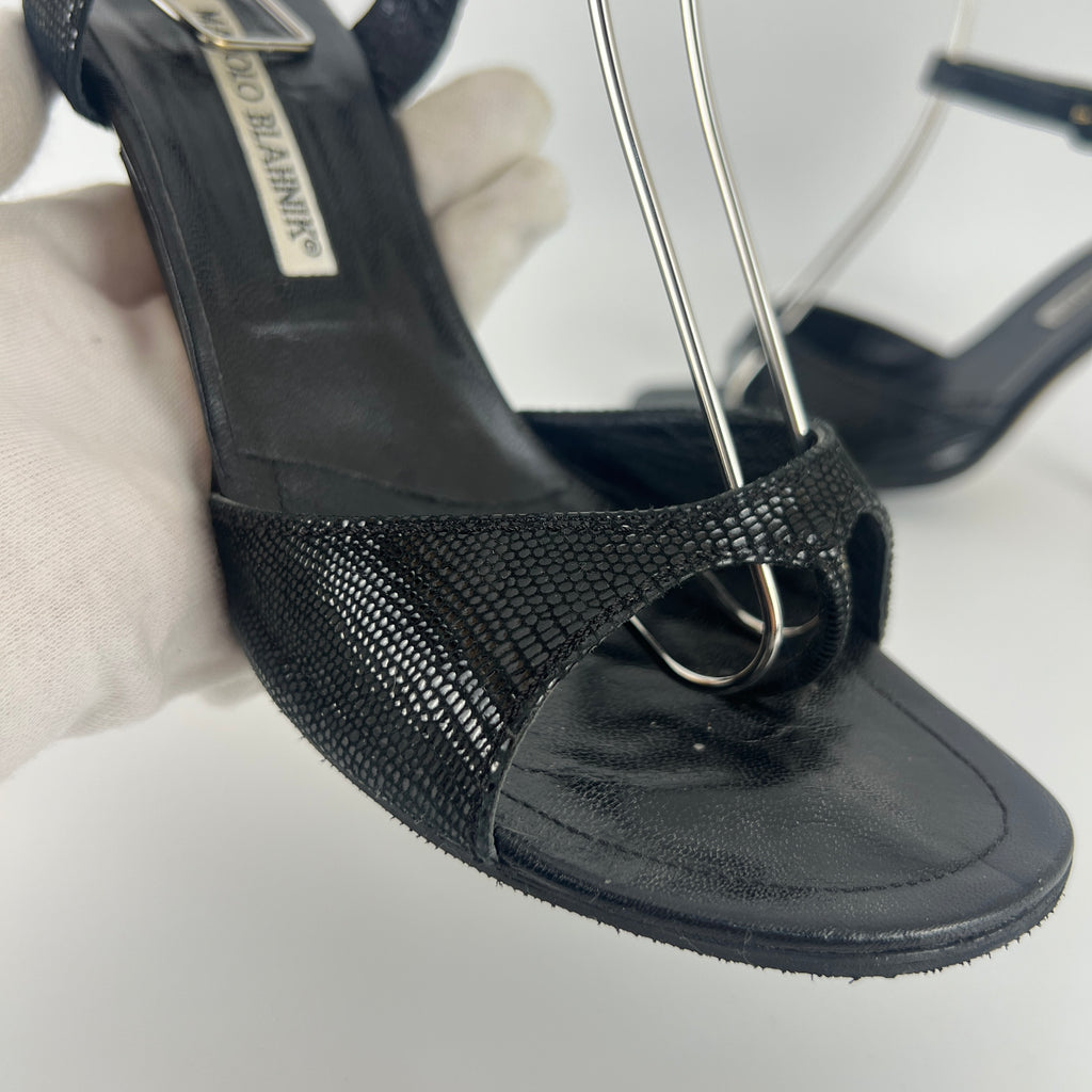 Manolo Blahnik | Vintage Black Shimmer Exotic Embossed Leather Thong Heels (37.5)