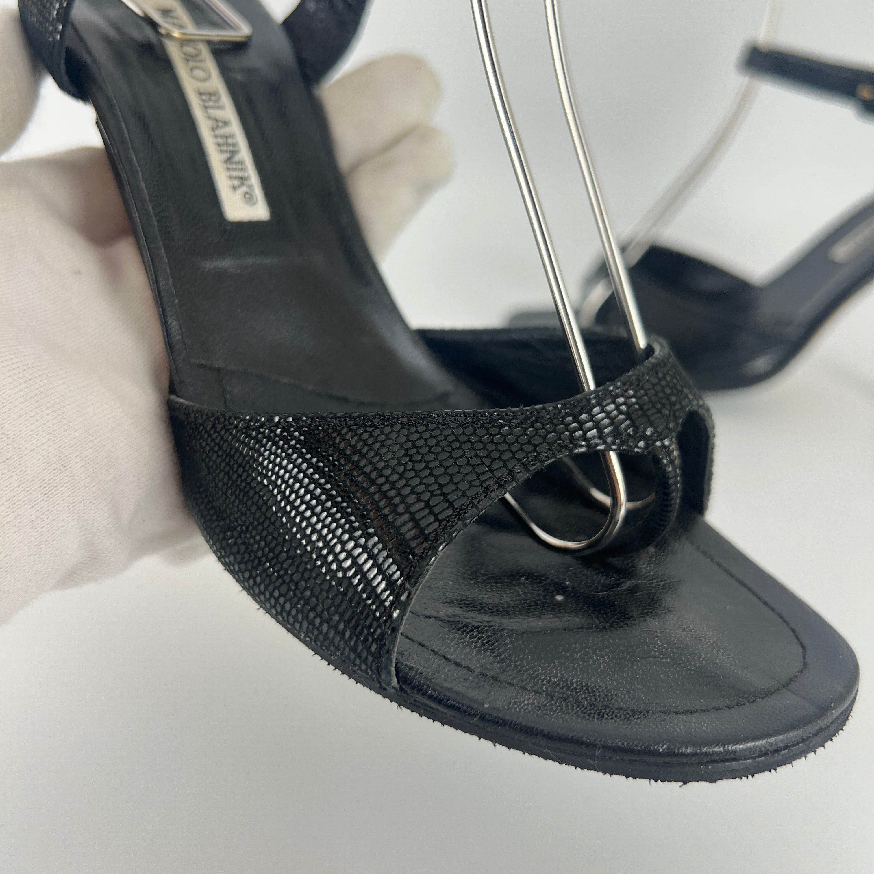 Manolo Blahnik | Vintage Black Shimmer Exotic Embossed Leather Thong Heels (37.5)