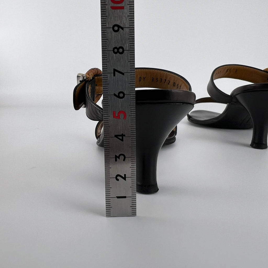 Ferragamo | Acklin Black Leather Wood Logo Buckle Sandal Slide Heels (35.5)