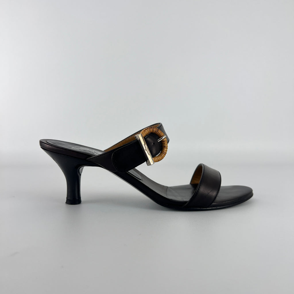 Ferragamo | Acklin Black Leather Wood Logo Buckle Sandal Slide Heels (35.5)