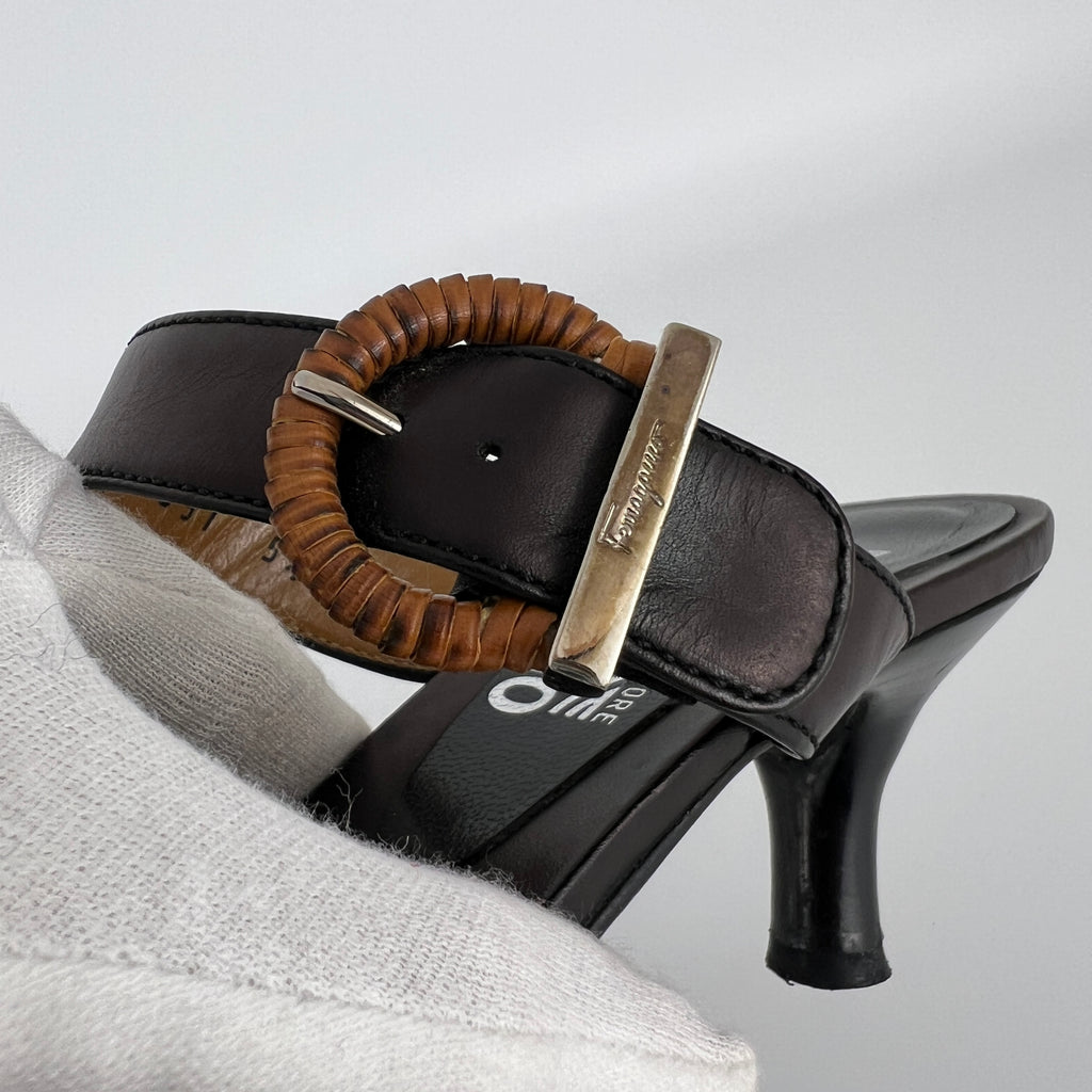 Ferragamo | Acklin Black Leather Wood Logo Buckle Sandal Slide Heels (35.5)