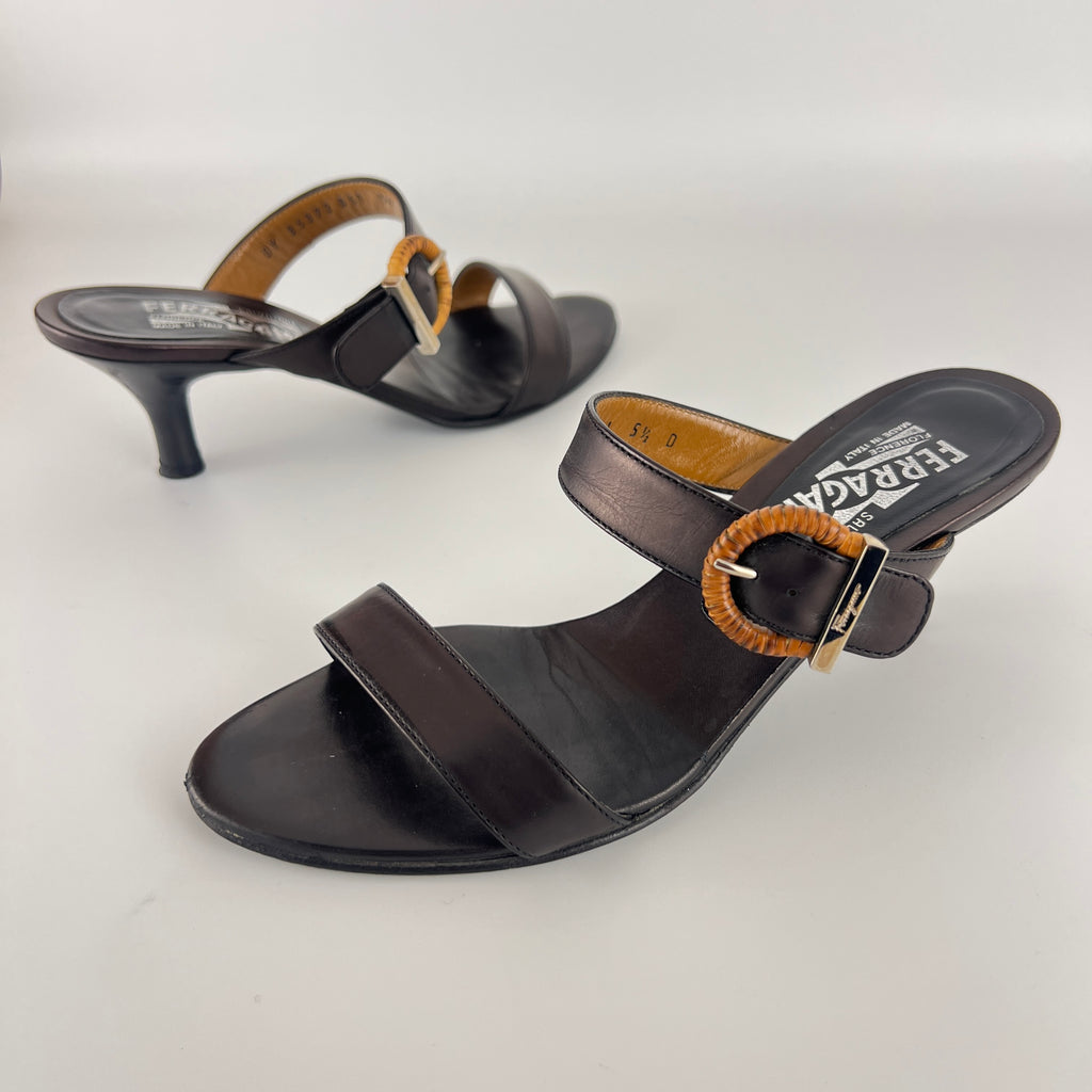 Ferragamo | Acklin Black Leather Wood Logo Buckle Sandal Slide Heels (35.5)