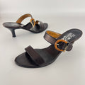 Ferragamo | Acklin Black Leather Wood Logo Buckle Sandal Slide Heels (35.5)