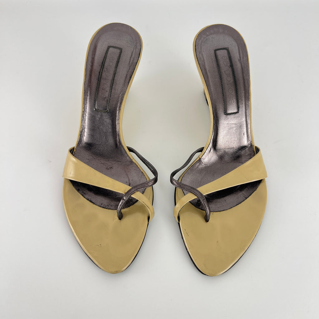 Sergio Rossi | Beige Black Leather Thong Strap Wedge Heel Slide Sandals (37.5)