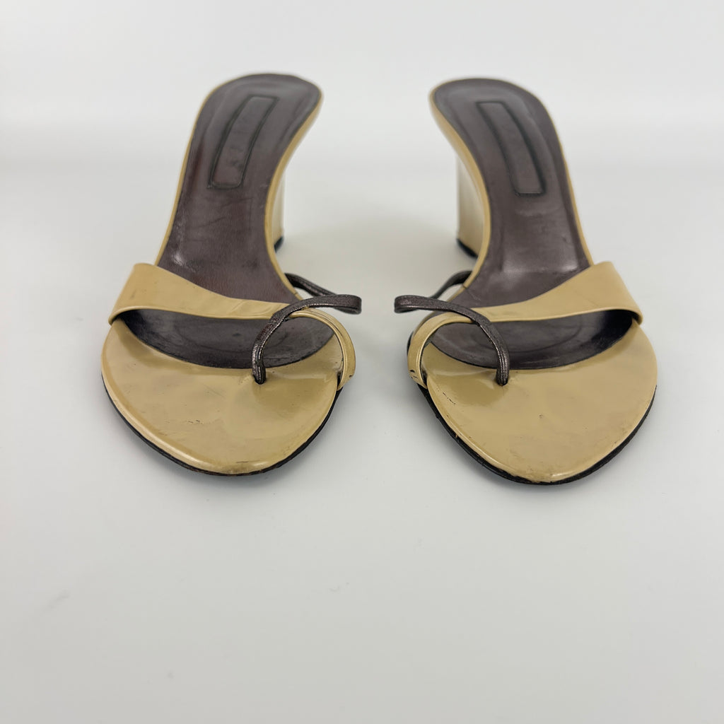 Sergio Rossi | Beige Black Leather Thong Strap Wedge Heel Slide Sandals (37.5)