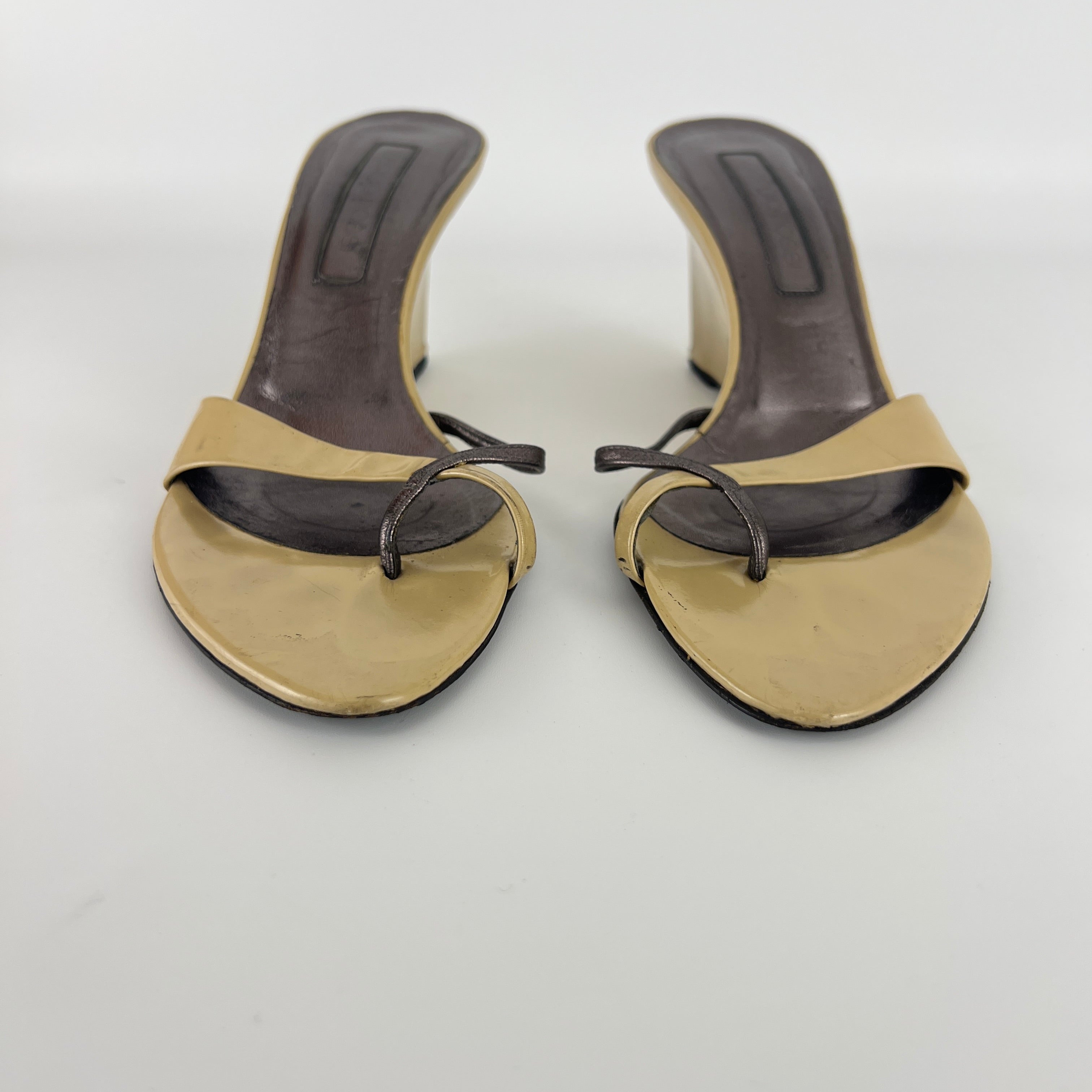 Sergio Rossi | Beige Black Leather Thong Strap Wedge Heel Slide Sandals (37.5)