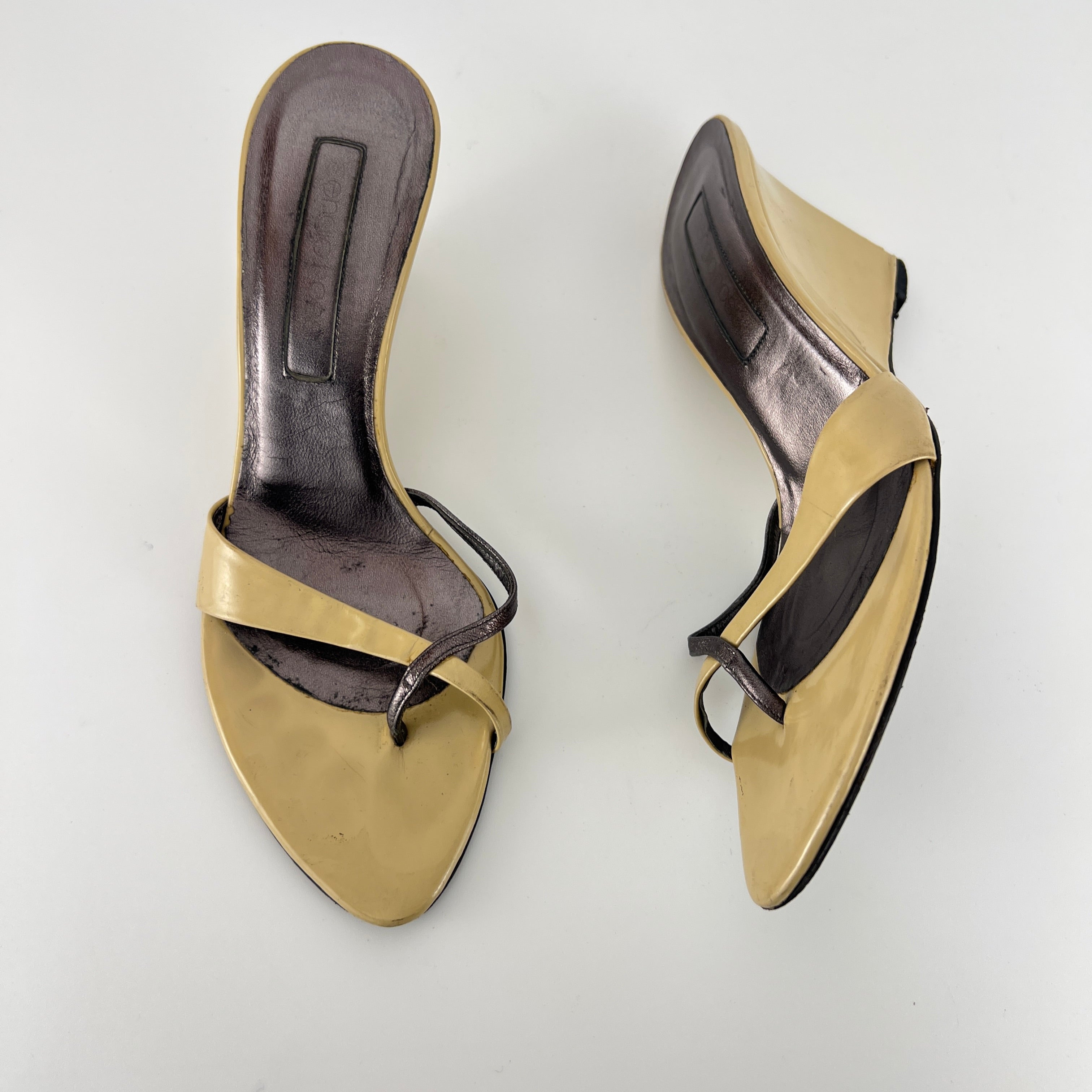 Sergio Rossi | Beige Black Leather Thong Strap Wedge Heel Slide Sandals (37.5)