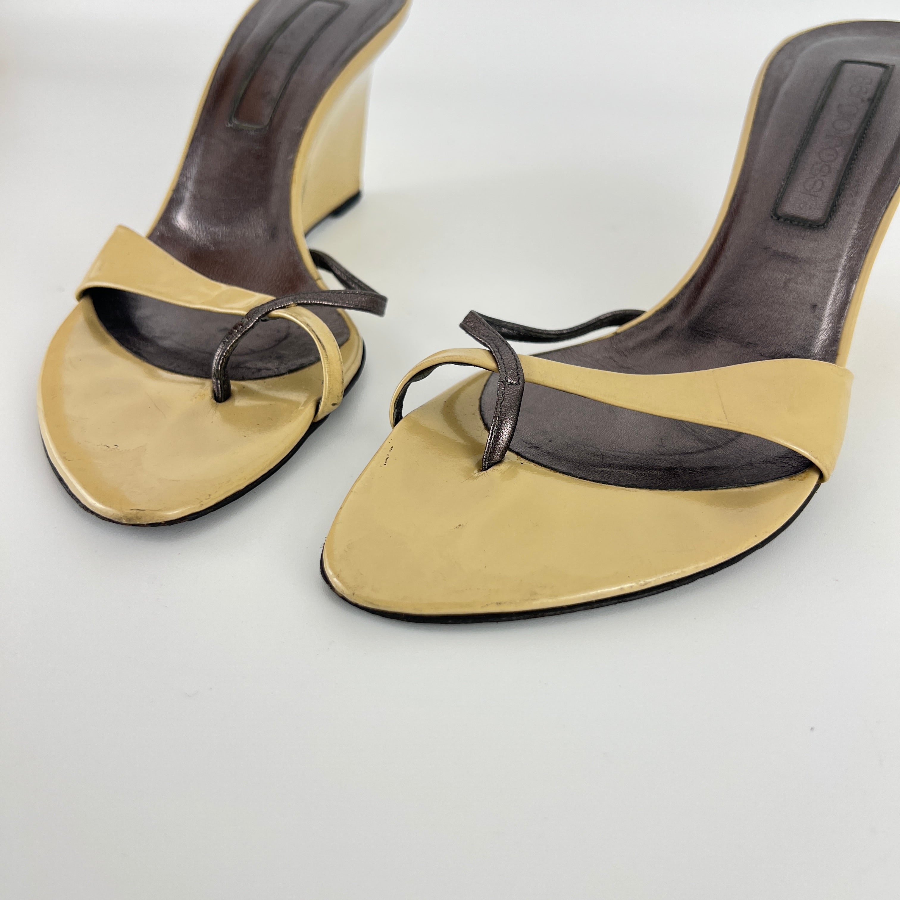 Sergio Rossi | Beige Black Leather Thong Strap Wedge Heel Slide Sandals (37.5)