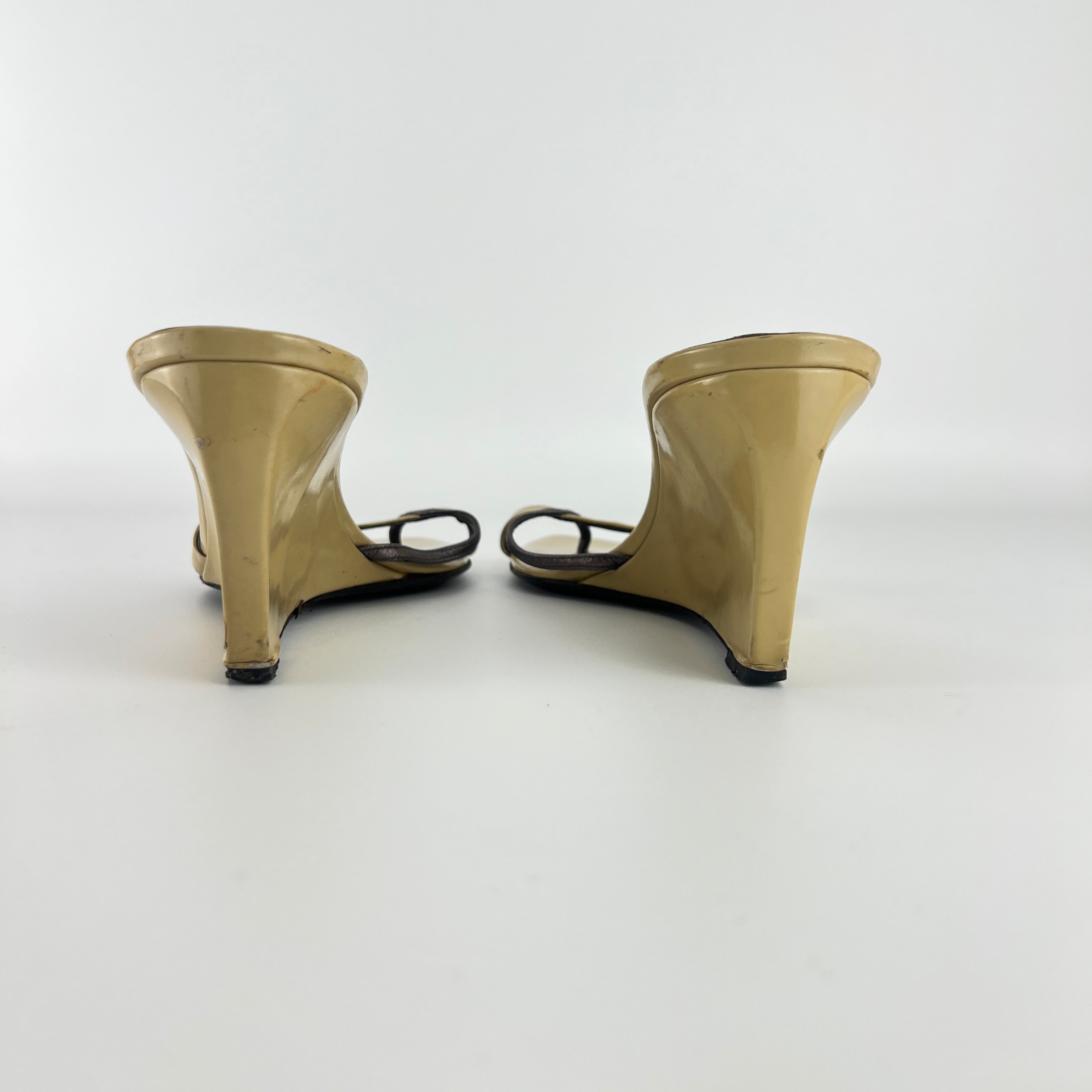 Sergio Rossi | Beige Black Leather Thong Strap Wedge Heel Slide Sandals (37.5)