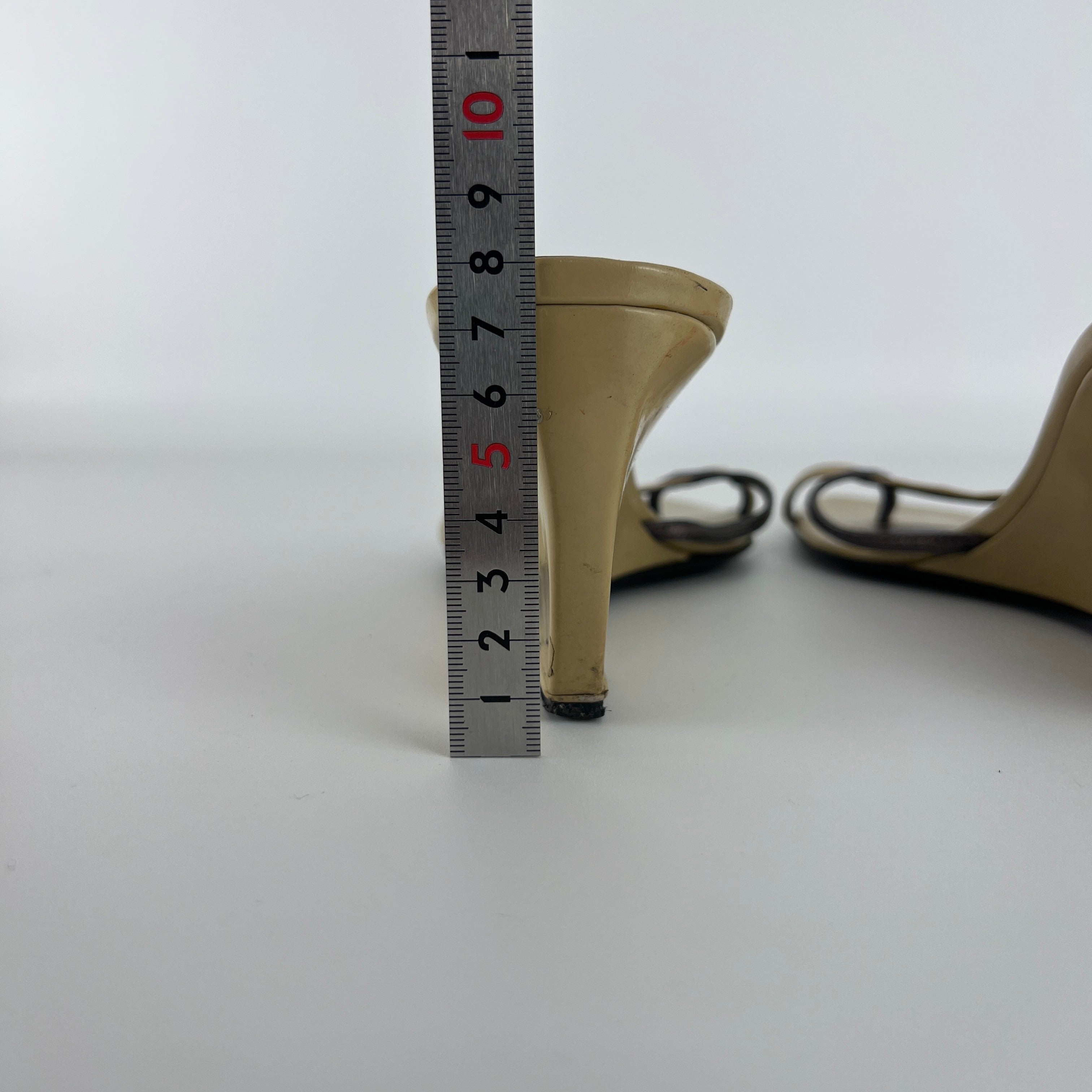 Sergio Rossi | Beige Black Leather Thong Strap Wedge Heel Slide Sandals (37.5)
