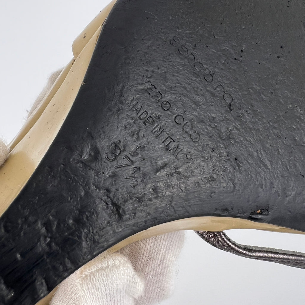Sergio Rossi | Beige Black Leather Thong Strap Wedge Heel Slide Sandals (37.5)