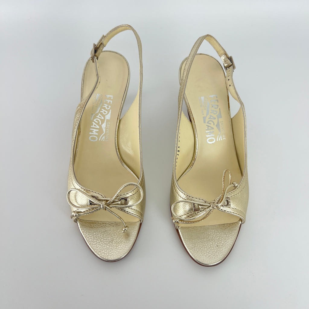 Ferragamo | Metallic Gold Leather Bow Peep Toe Slingback Kitten Heels (5.5 / 35.5)
