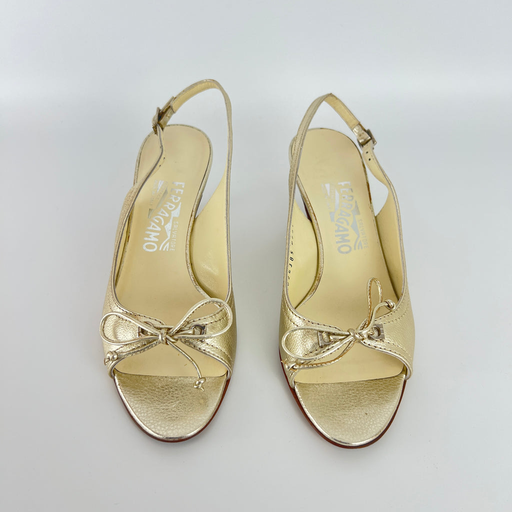 Ferragamo | Metallic Gold Leather Bow Peep Toe Slingback Kitten Heels (5.5 / 35.5)