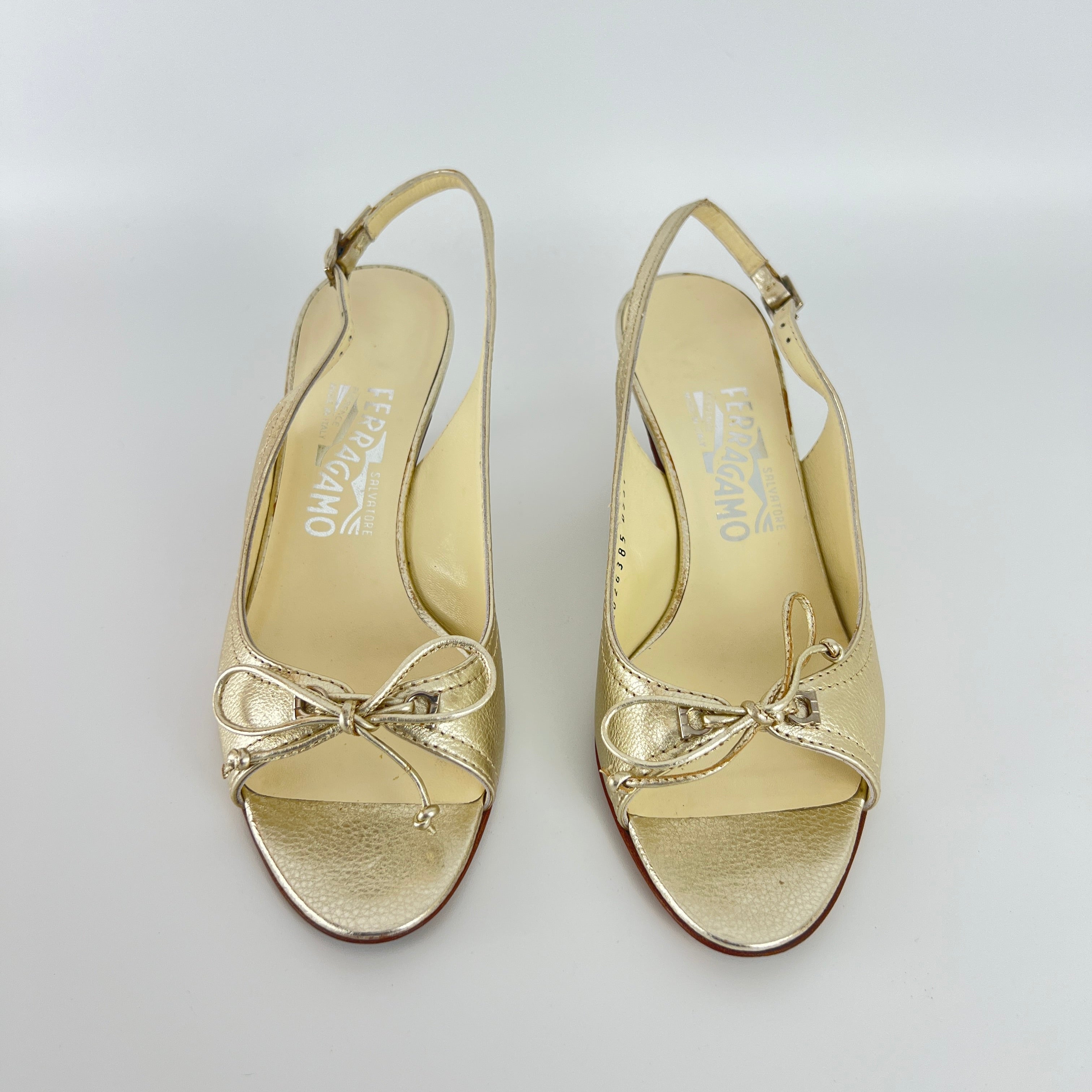 Ferragamo | Metallic Gold Leather Bow Peep Toe Slingback Kitten Heels (5.5 / 35.5)