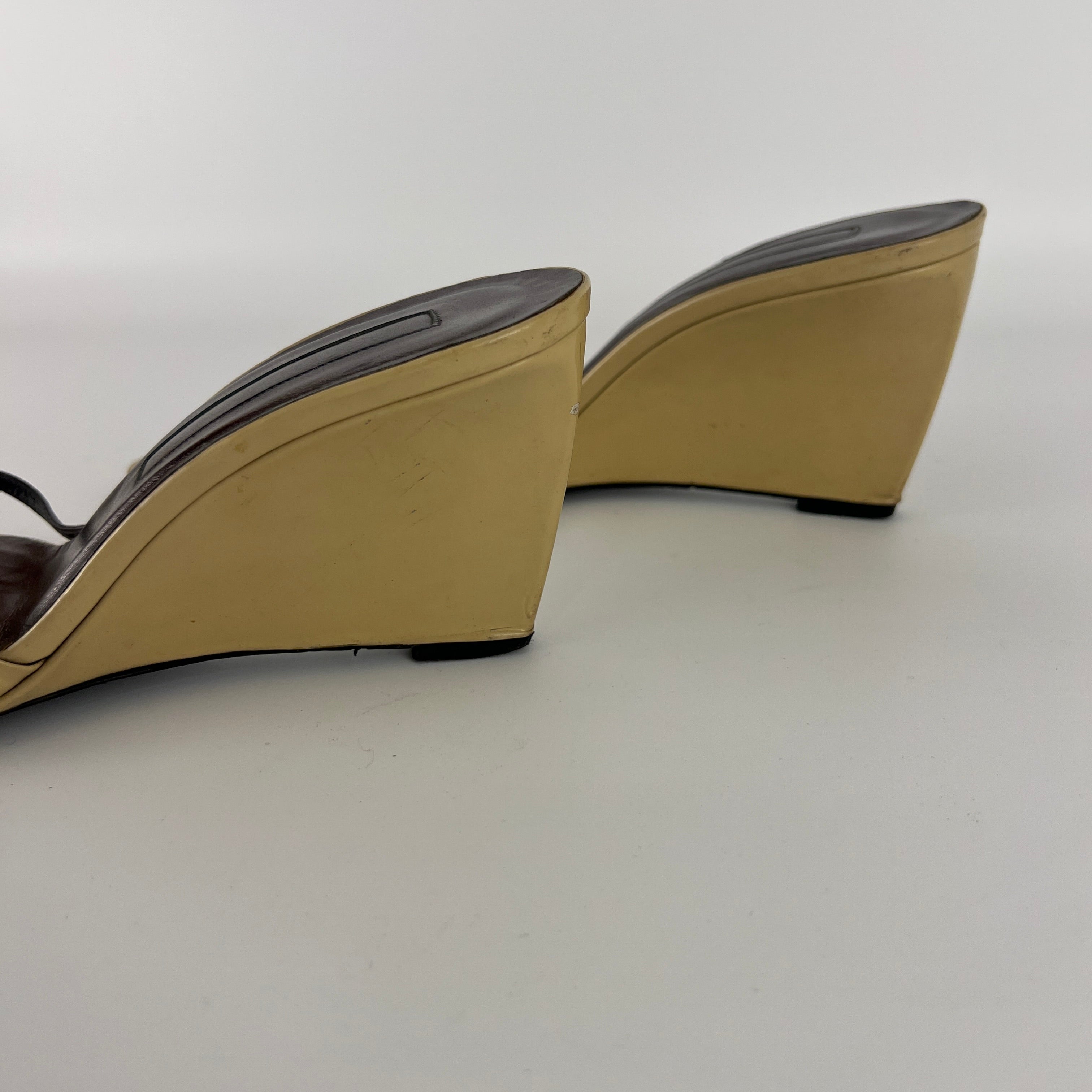 Sergio Rossi | Beige Black Leather Thong Strap Wedge Heel Slide Sandals (37.5)