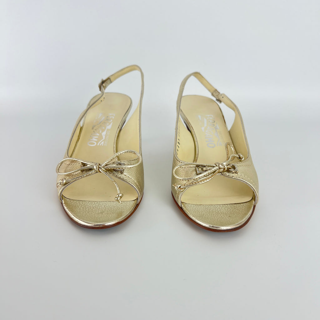 Ferragamo | Metallic Gold Leather Bow Peep Toe Slingback Kitten Heels (5.5 / 35.5)