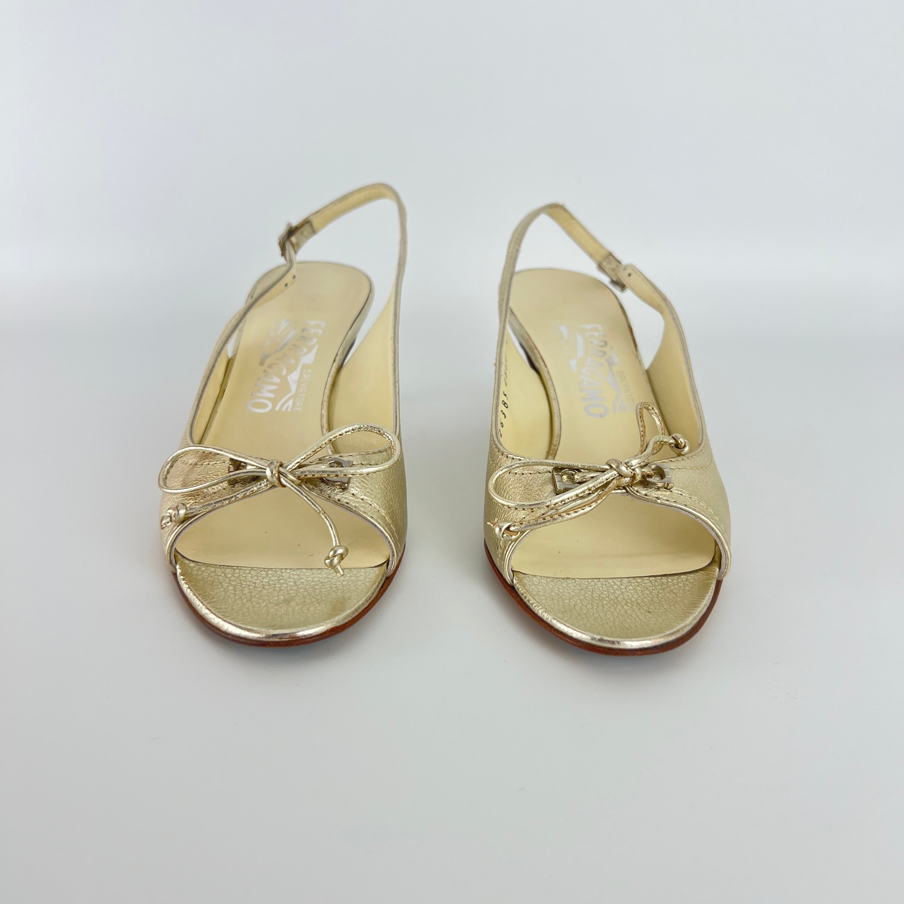 Ferragamo | Metallic Gold Leather Bow Peep Toe Slingback Kitten Heels (5.5 / 35.5)