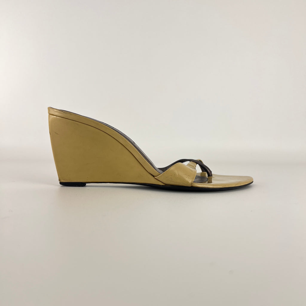 Sergio Rossi | Beige Black Leather Thong Strap Wedge Heel Slide Sandals (37.5)