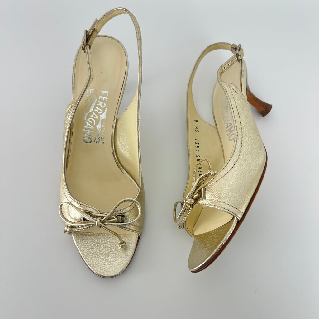 Ferragamo | Metallic Gold Leather Bow Peep Toe Slingback Kitten Heels (5.5 / 35.5)