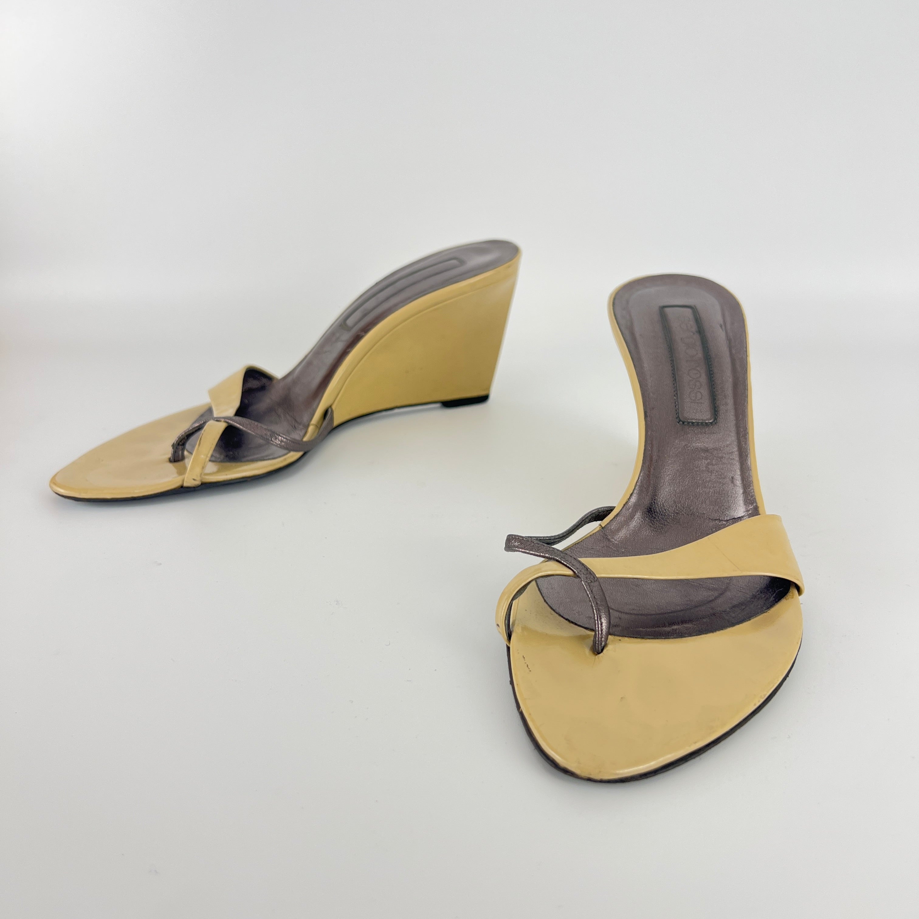 Sergio Rossi | Beige Black Leather Thong Strap Wedge Heel Slide Sandals (37.5)