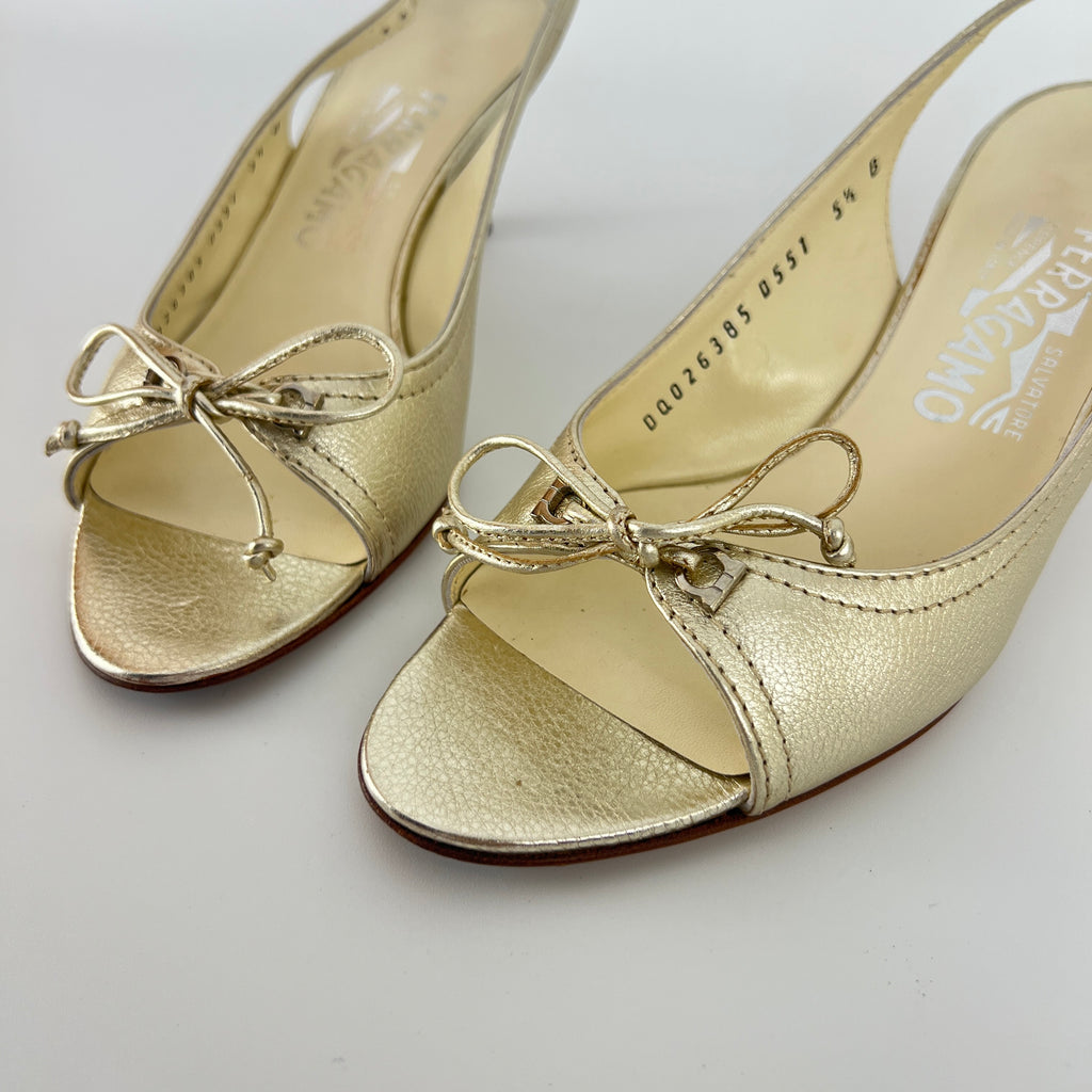 Ferragamo | Metallic Gold Leather Bow Peep Toe Slingback Kitten Heels (5.5 / 35.5)