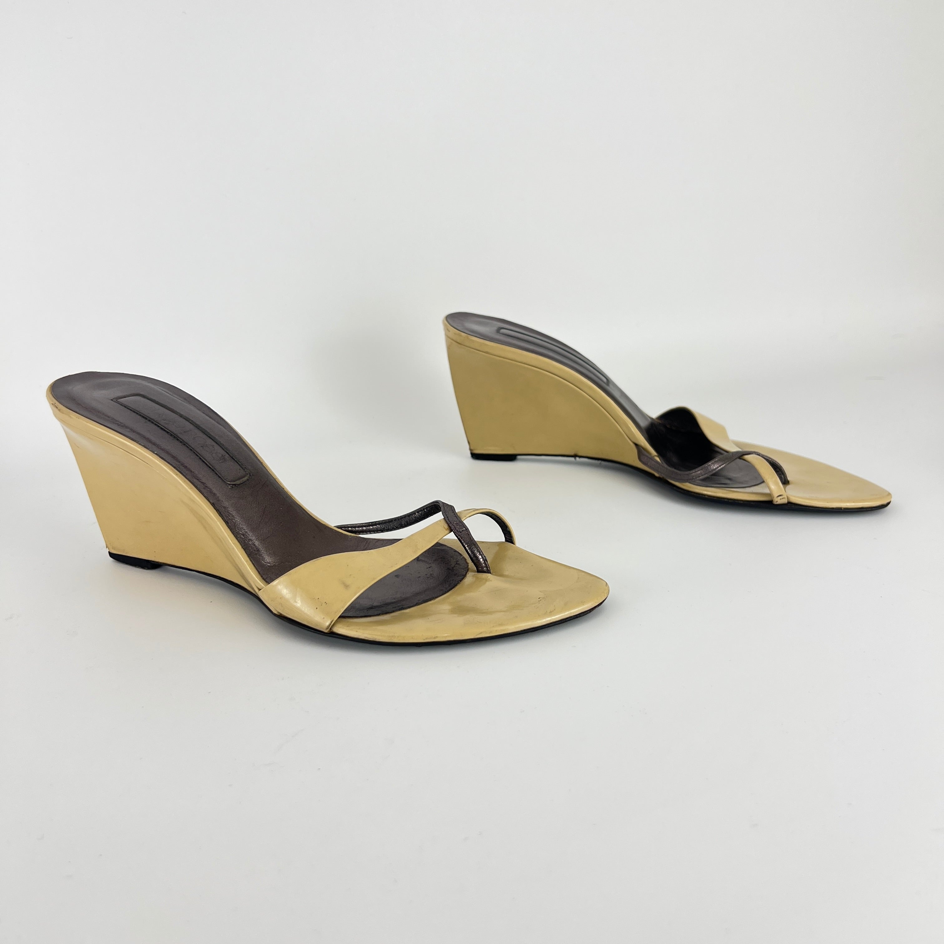 Sergio Rossi | Beige Black Leather Thong Strap Wedge Heel Slide Sandals (37.5)