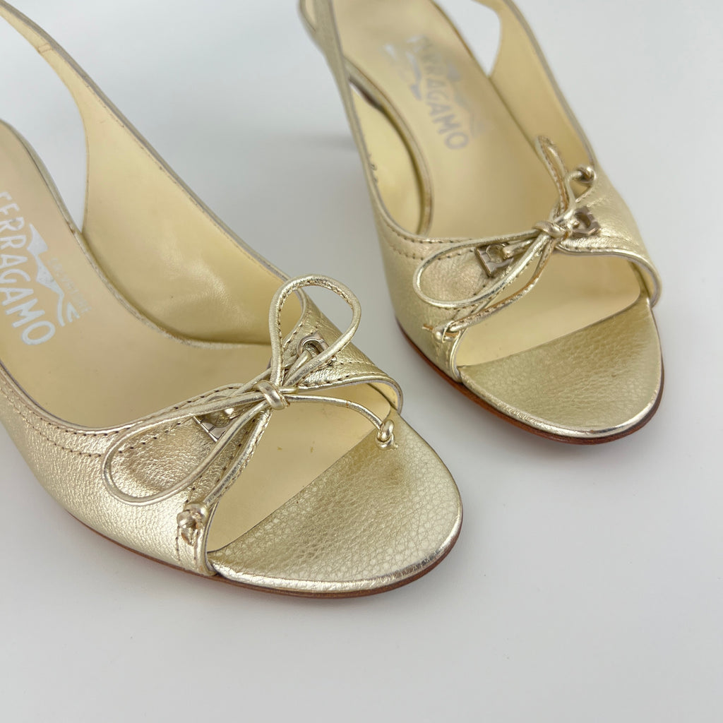Ferragamo | Metallic Gold Leather Bow Peep Toe Slingback Kitten Heels (5.5 / 35.5)