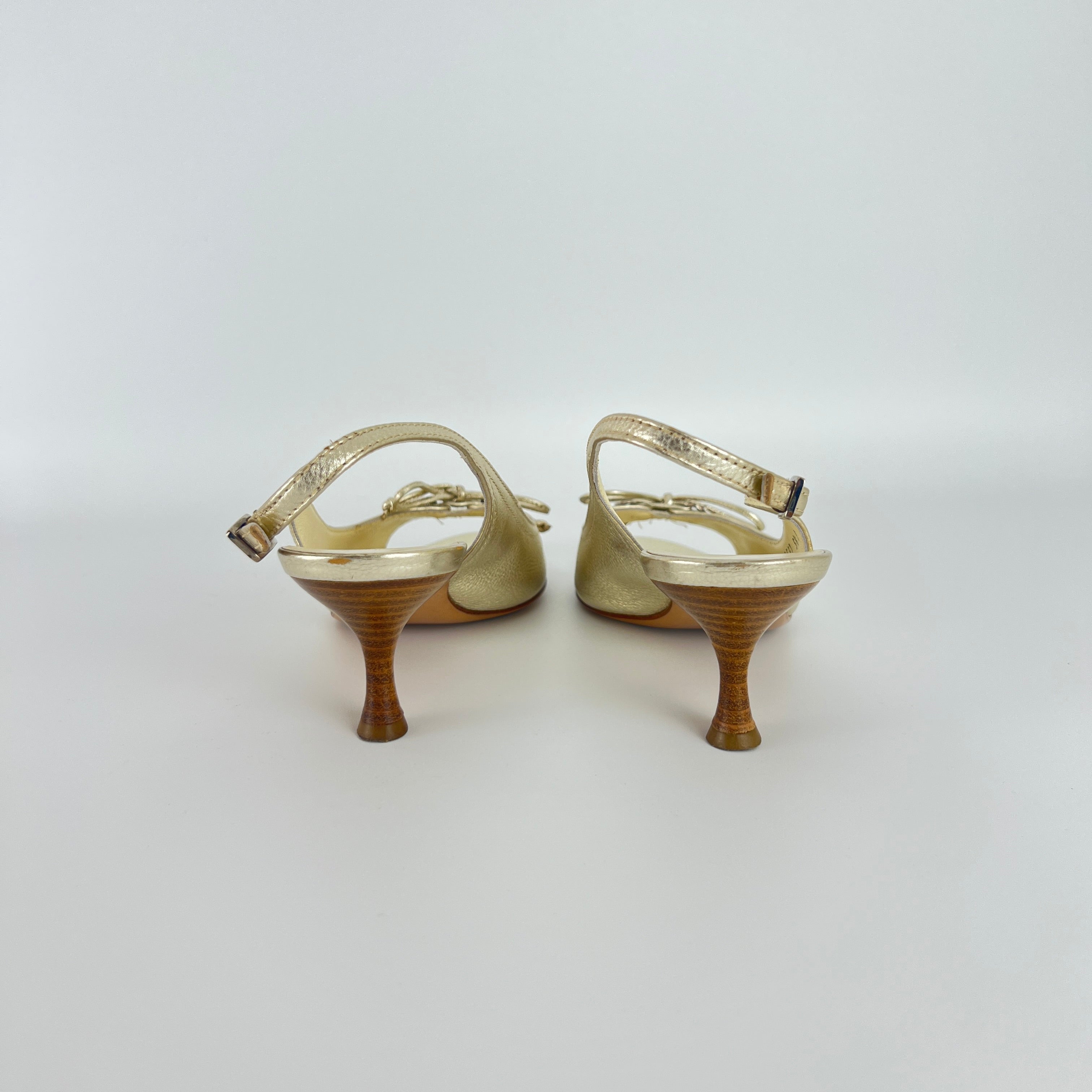 Ferragamo | Metallic Gold Leather Bow Peep Toe Slingback Kitten Heels (5.5 / 35.5)