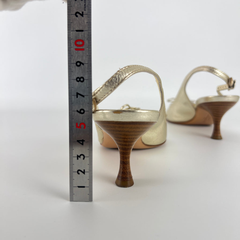 Ferragamo | Metallic Gold Leather Bow Peep Toe Slingback Kitten Heels (5.5 / 35.5)