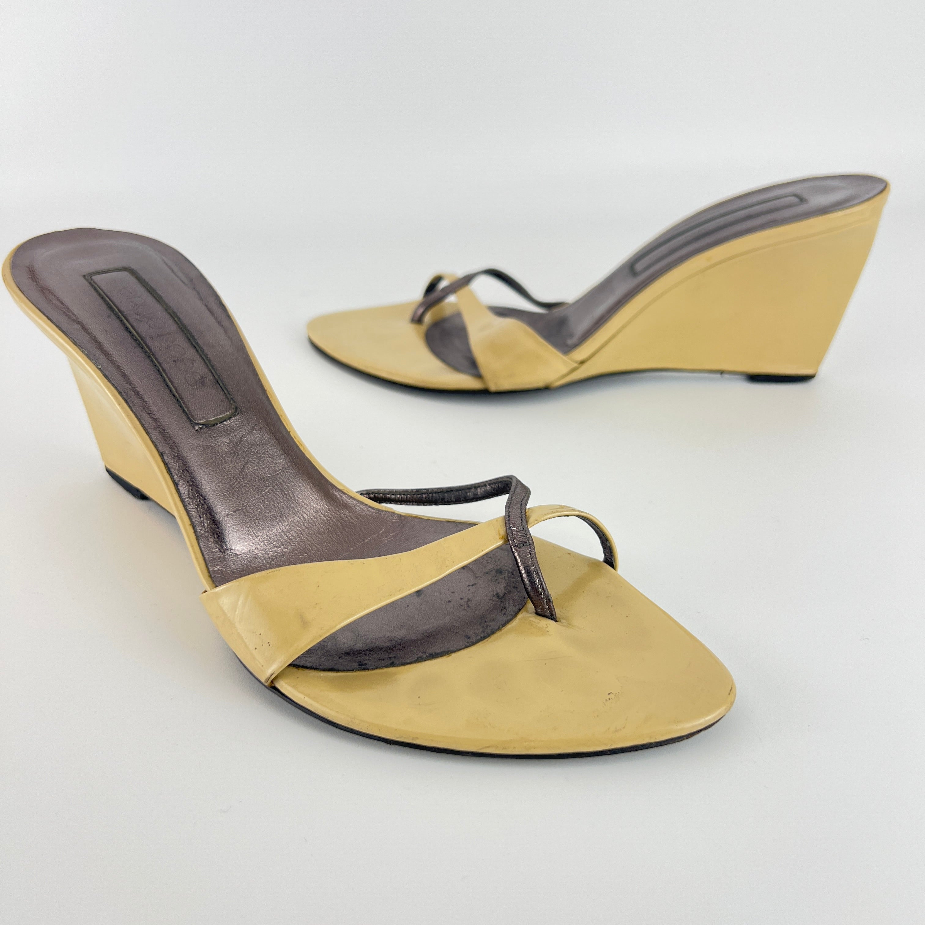 Sergio Rossi | Beige Black Leather Thong Strap Wedge Heel Slide Sandals (37.5)