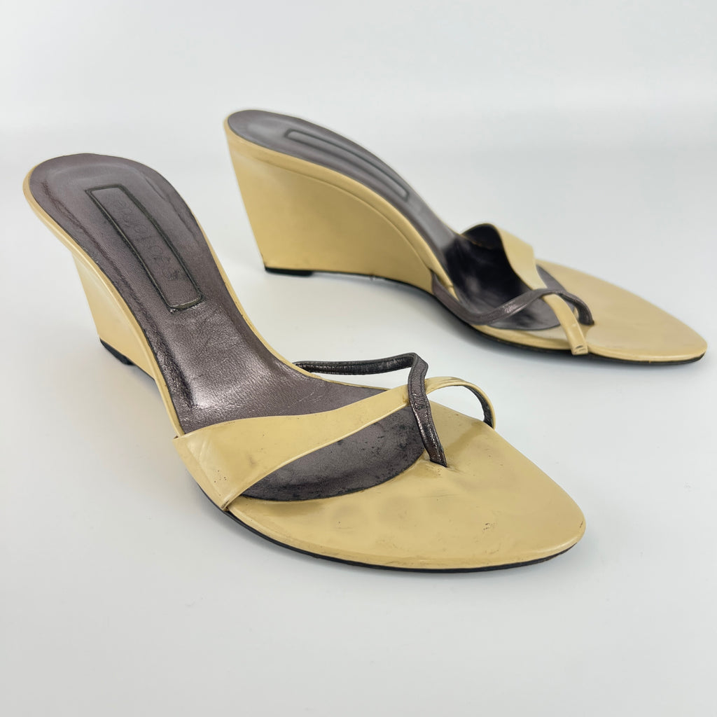 Sergio Rossi | Beige Black Leather Thong Strap Wedge Heel Slide Sandals (37.5)