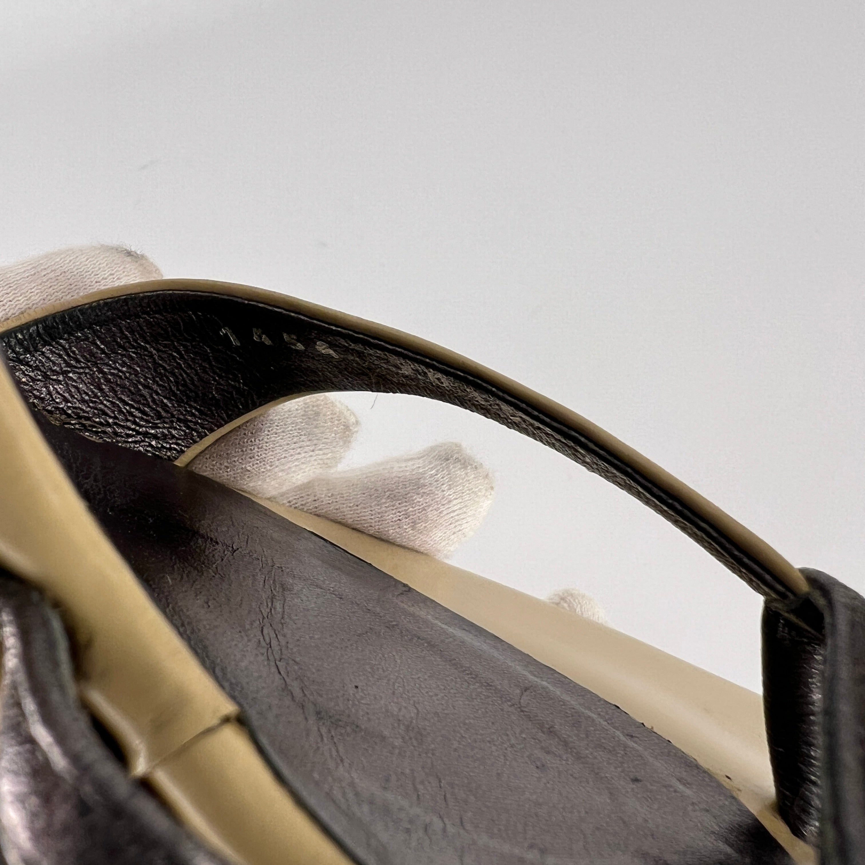 Sergio Rossi | Beige Black Leather Thong Strap Wedge Heel Slide Sandals (37.5)