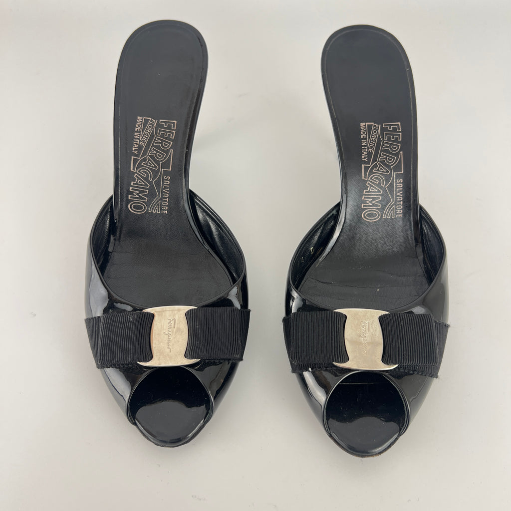 Ferragamo | Vara Bow Black Patent Leather Peep Toe Sandal Slide Mules (36.5, 6.5)