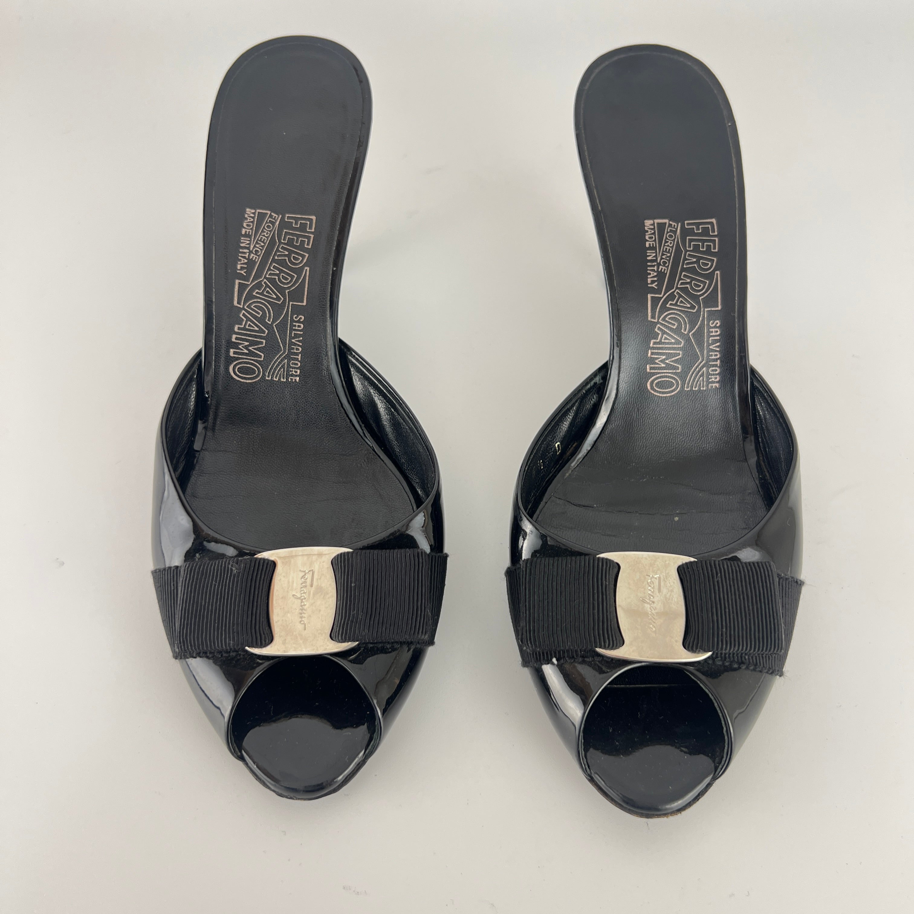 Ferragamo | Vara Bow Black Patent Leather Peep Toe Sandal Slide Mules (36.5, 6.5)