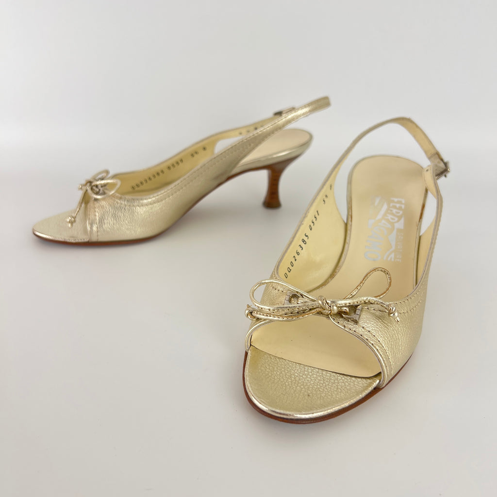 Ferragamo | Metallic Gold Leather Bow Peep Toe Slingback Kitten Heels (5.5 / 35.5)