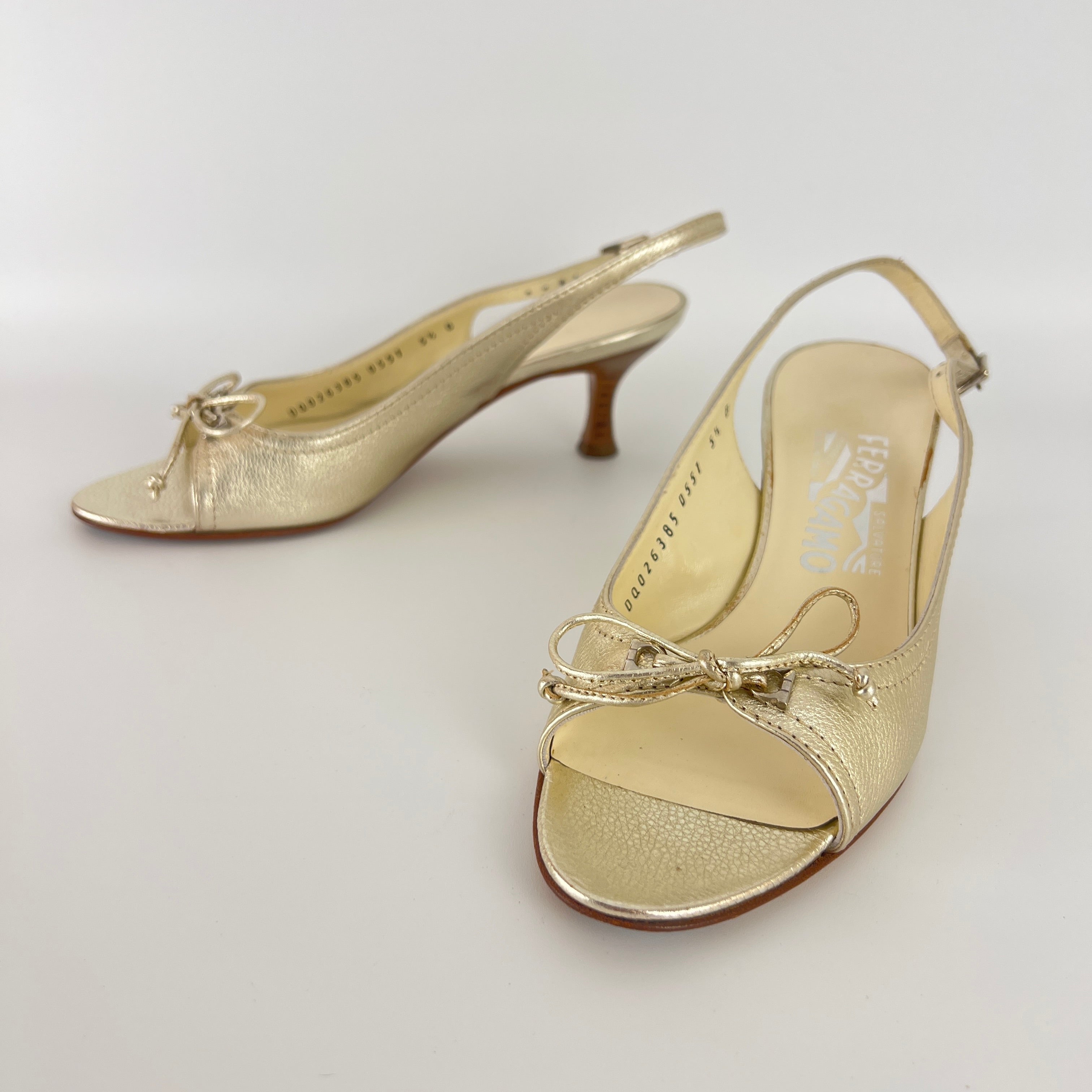 Ferragamo | Metallic Gold Leather Bow Peep Toe Slingback Kitten Heels (5.5 / 35.5)