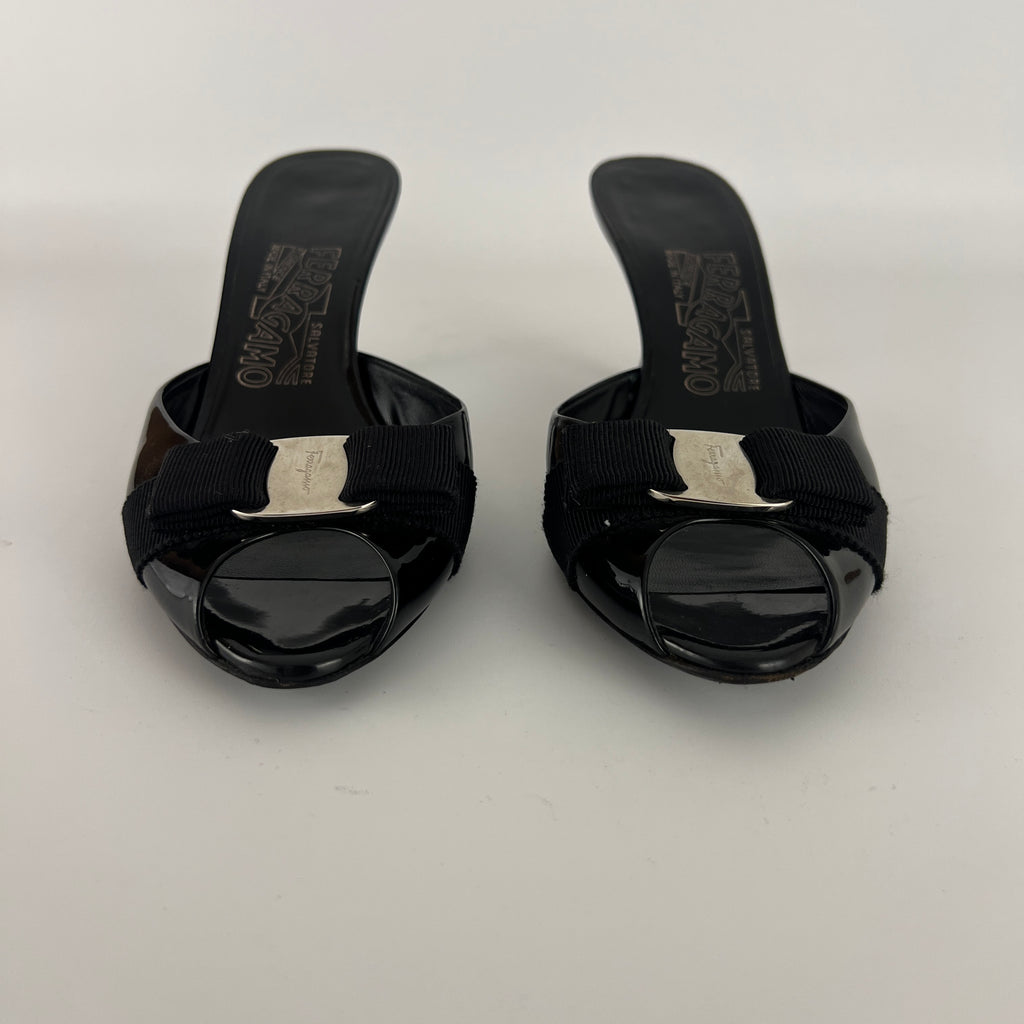 Ferragamo | Vara Bow Black Patent Leather Peep Toe Sandal Slide Mules (36.5, 6.5)