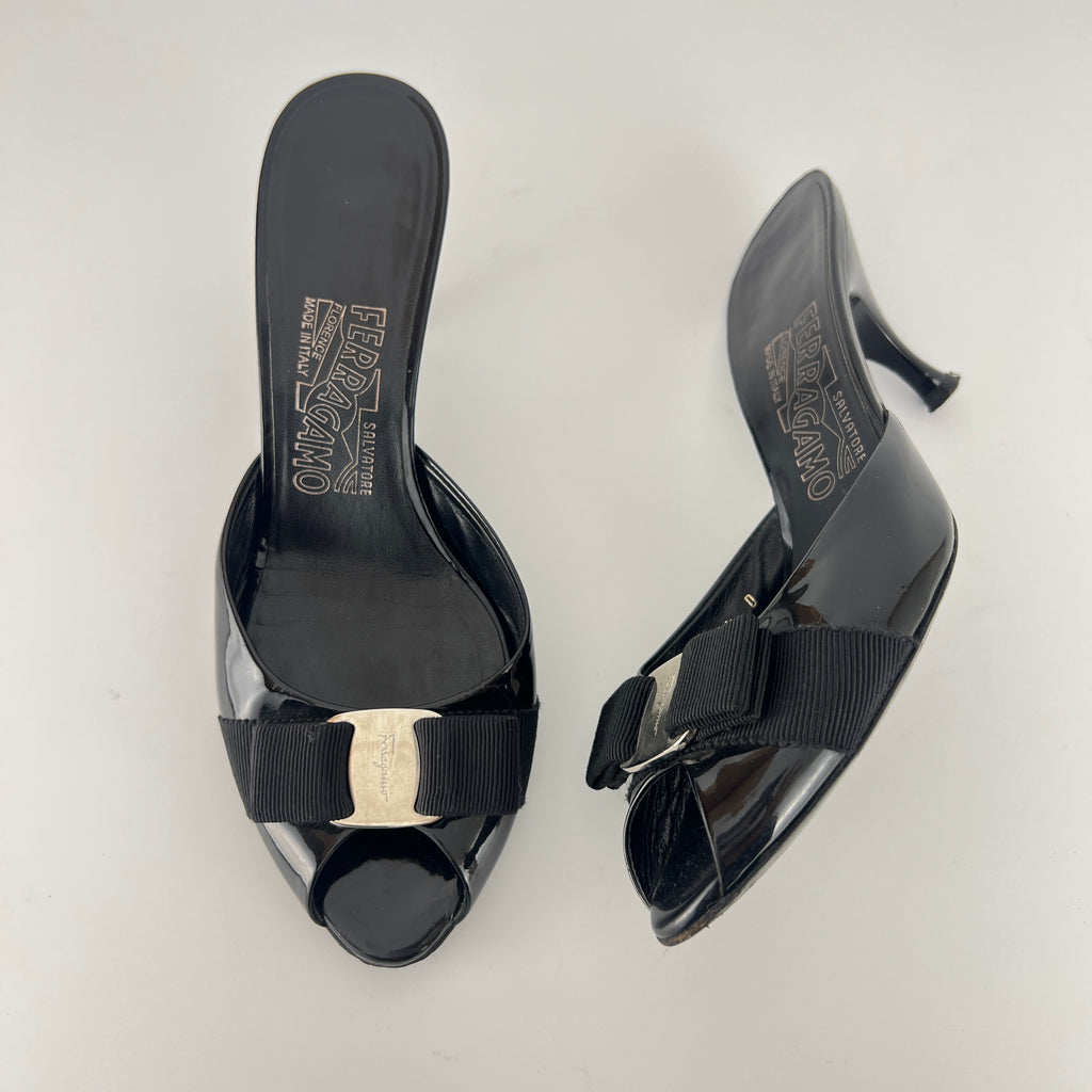 Ferragamo | Vara Bow Black Patent Leather Peep Toe Sandal Slide Mules (36.5, 6.5)