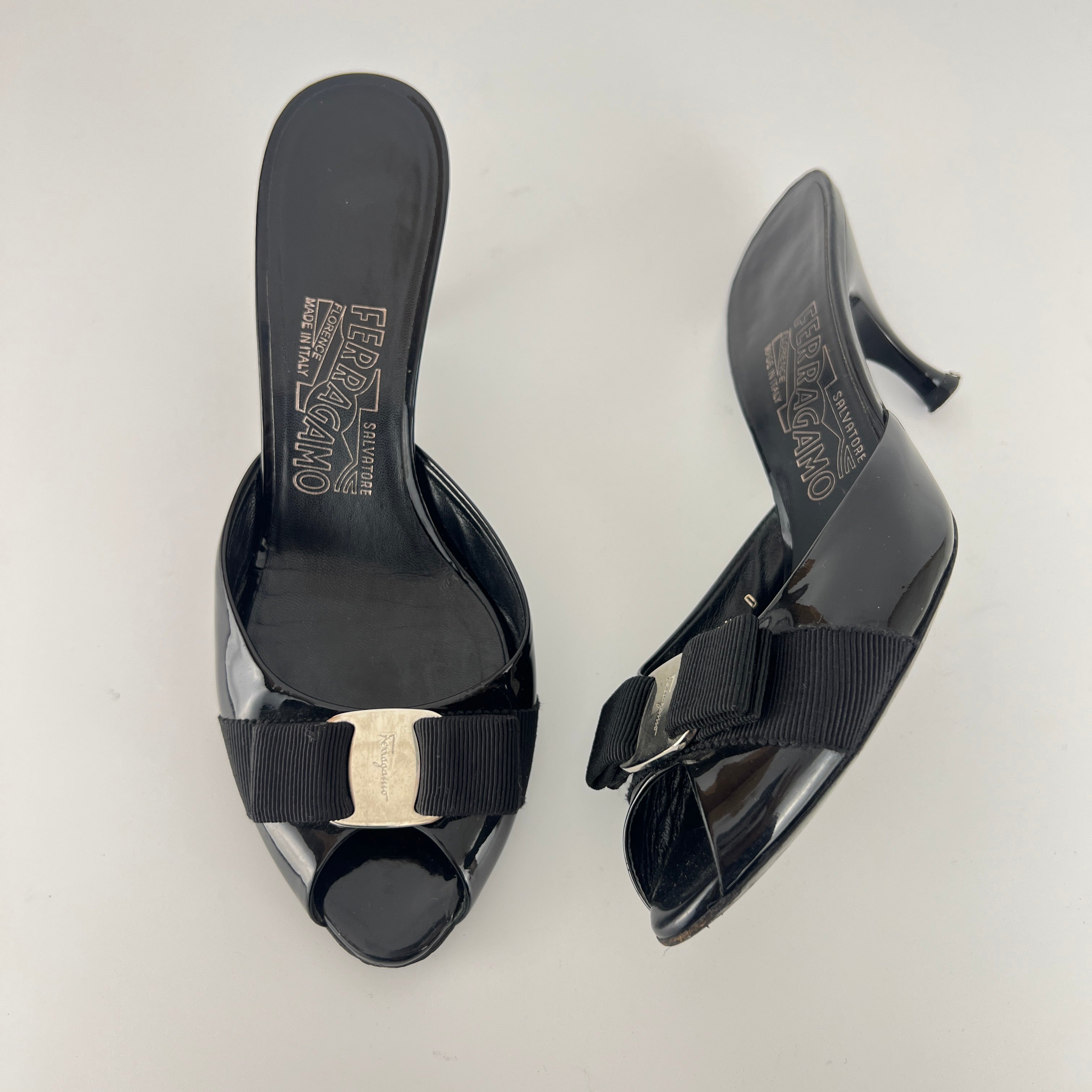 Ferragamo | Vara Bow Black Patent Leather Peep Toe Sandal Slide Mules (36.5, 6.5)