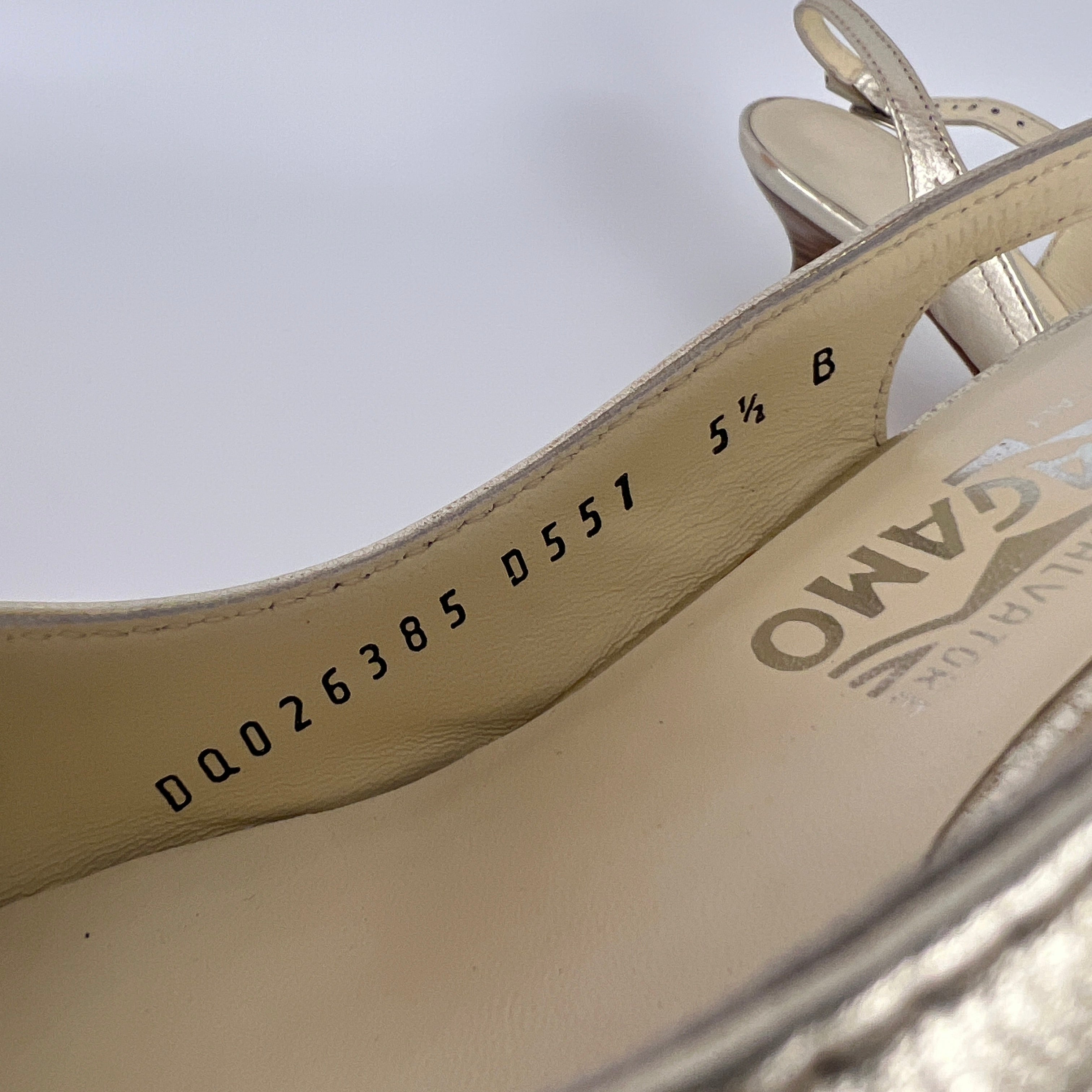 Ferragamo | Metallic Gold Leather Bow Peep Toe Slingback Kitten Heels (5.5 / 35.5)