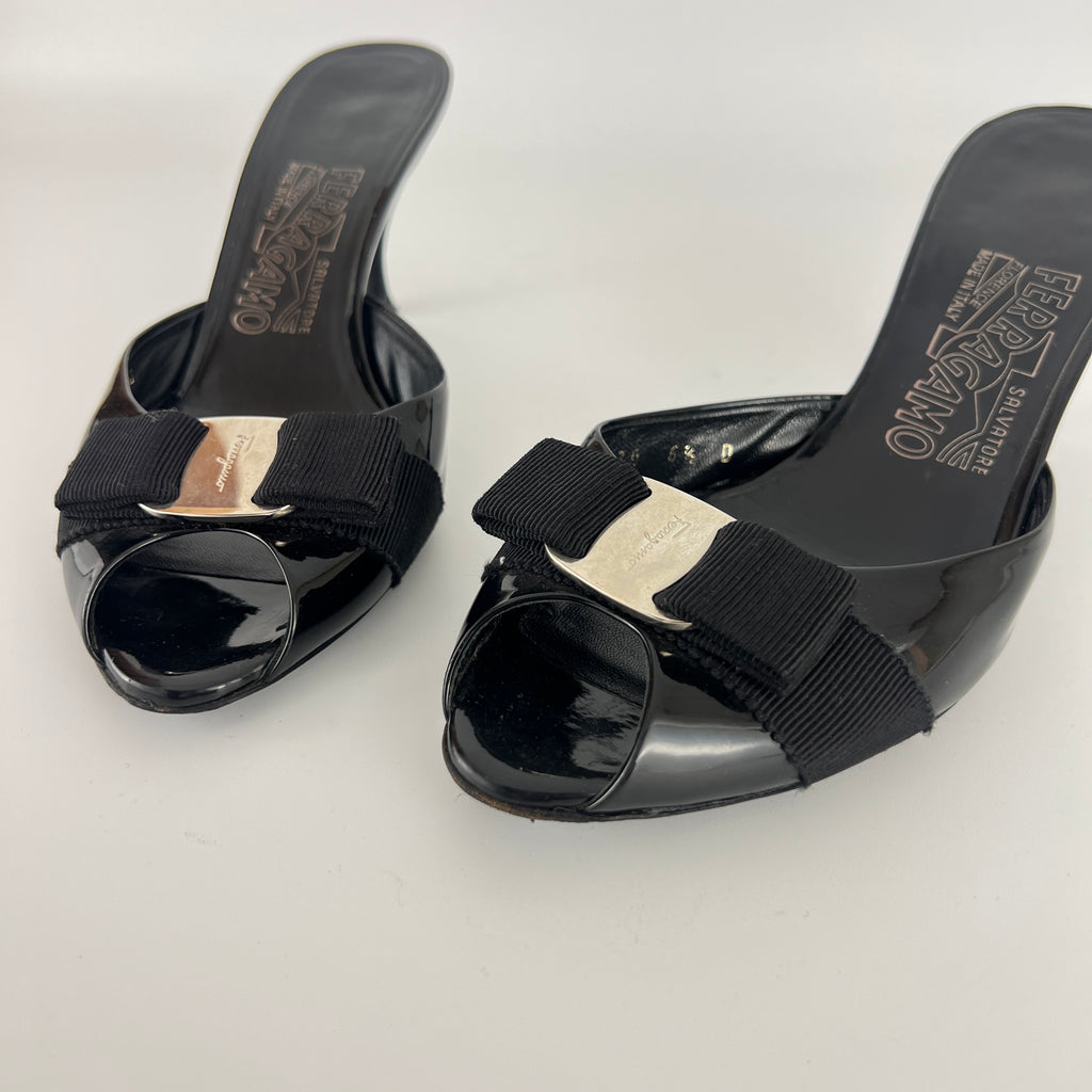 Ferragamo | Vara Bow Black Patent Leather Peep Toe Sandal Slide Mules (36.5, 6.5)