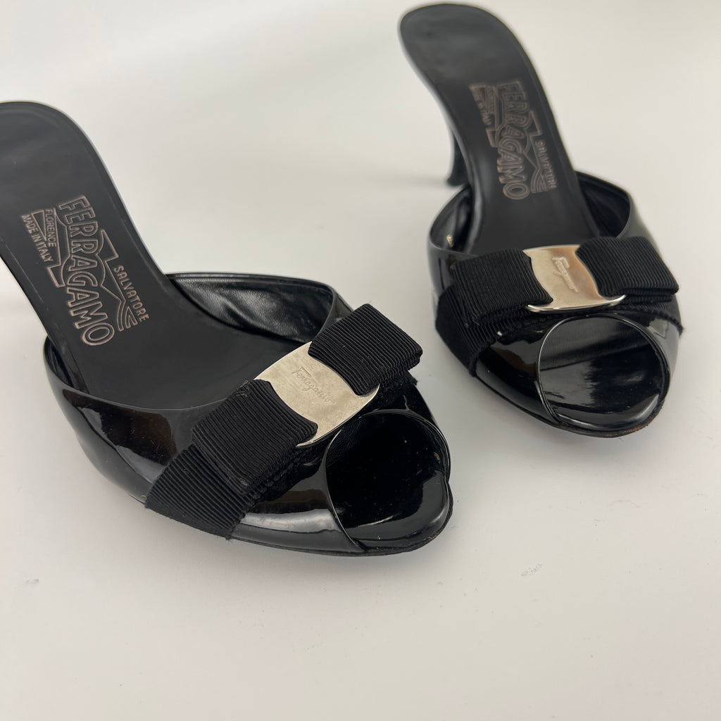 Ferragamo | Vara Bow Black Patent Leather Peep Toe Sandal Slide Mules (36.5, 6.5)