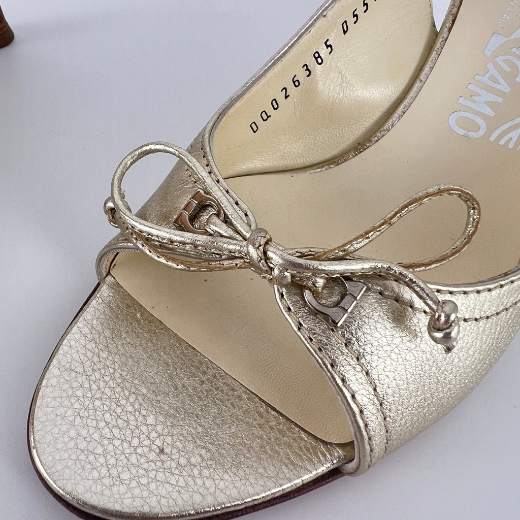 Ferragamo | Metallic Gold Leather Bow Peep Toe Slingback Kitten Heels (5.5 / 35.5)