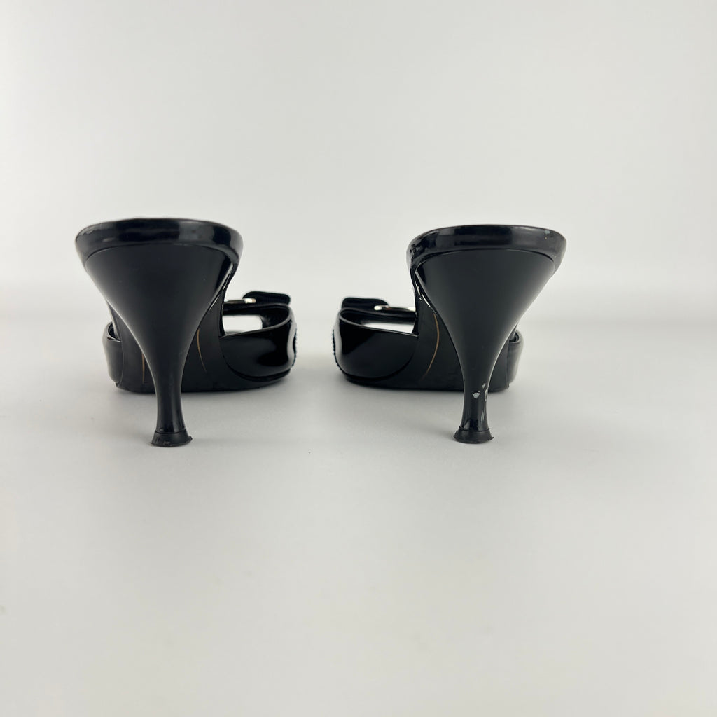 Ferragamo | Vara Bow Black Patent Leather Peep Toe Sandal Slide Mules (36.5, 6.5)